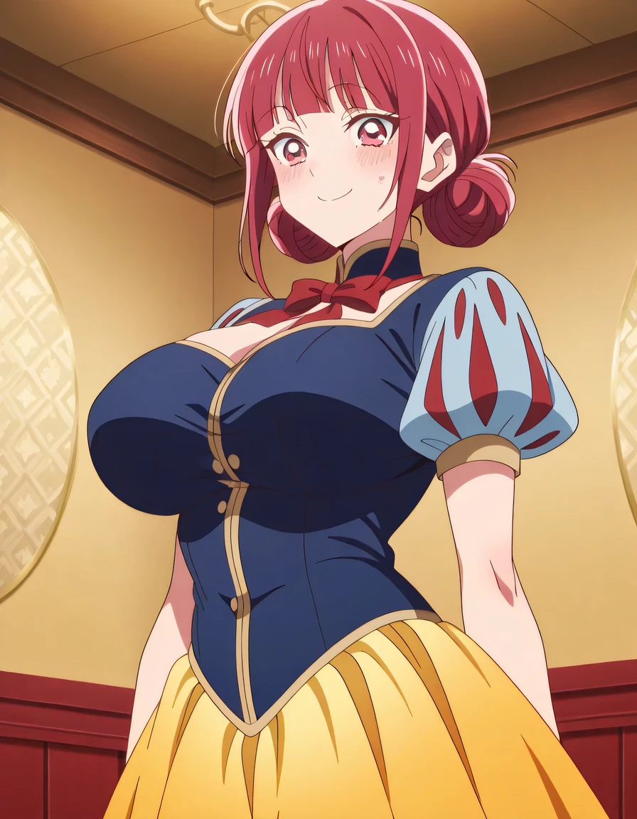 傑作、best quality、best resolution、best image quality、amazing quality、 very aesthetic、 absurdres、anime coloring、anime screencap、anime screenshot、1girl、<lora:hina-chouno-alpha-ponyxl-lora-nochekaiser:1>、hina chouno、short hair、pink hair、pink eyes、bangs、blunt bangs、sidelocks、hair bun、double hair bun、covered breasts、big breasts、covered boobs、large boobs、mature girl、<lora:snow-white-cosplay-illustriousxl-lora-nochekaiser:1>、snow white cosplay、snow white (disney) (cosplay)、cosplay、dress、red hair bow、puff and slash sleeves、puffy short sleeves、puffy sleeves、red bow、light blue short sleeves、yellow skirt、dark blue dress、stage、stage set、standing、indoors、smile、blush、looking at viewer、cowboy shot、dutch angle、
