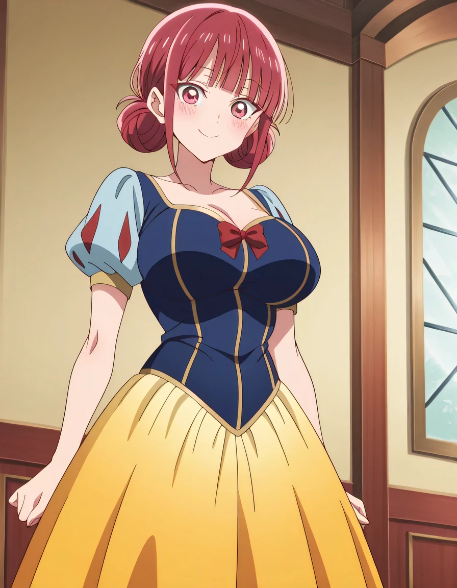 傑作、best quality、best resolution、best image quality、amazing quality、 very aesthetic、 absurdres、anime coloring、anime screencap、anime screenshot、1girl、<lora:hina-chouno-alpha-ponyxl-lora-nochekaiser:1>、hina chouno、short hair、pink hair、pink eyes、bangs、blunt bangs、sidelocks、hair bun、double hair bun、covered breasts、big breasts、covered boobs、large boobs、mature girl、<lora:snow-white-cosplay-illustriousxl-lora-nochekaiser:1>、snow white cosplay、snow white (disney) (cosplay)、cosplay、dress、red hair bow、puff and slash sleeves、puffy short sleeves、puffy sleeves、red bow、light blue short sleeves、yellow skirt、dark blue dress、stage、stage set、standing、indoors、smile、blush、looking at viewer、cowboy shot、dutch angle、