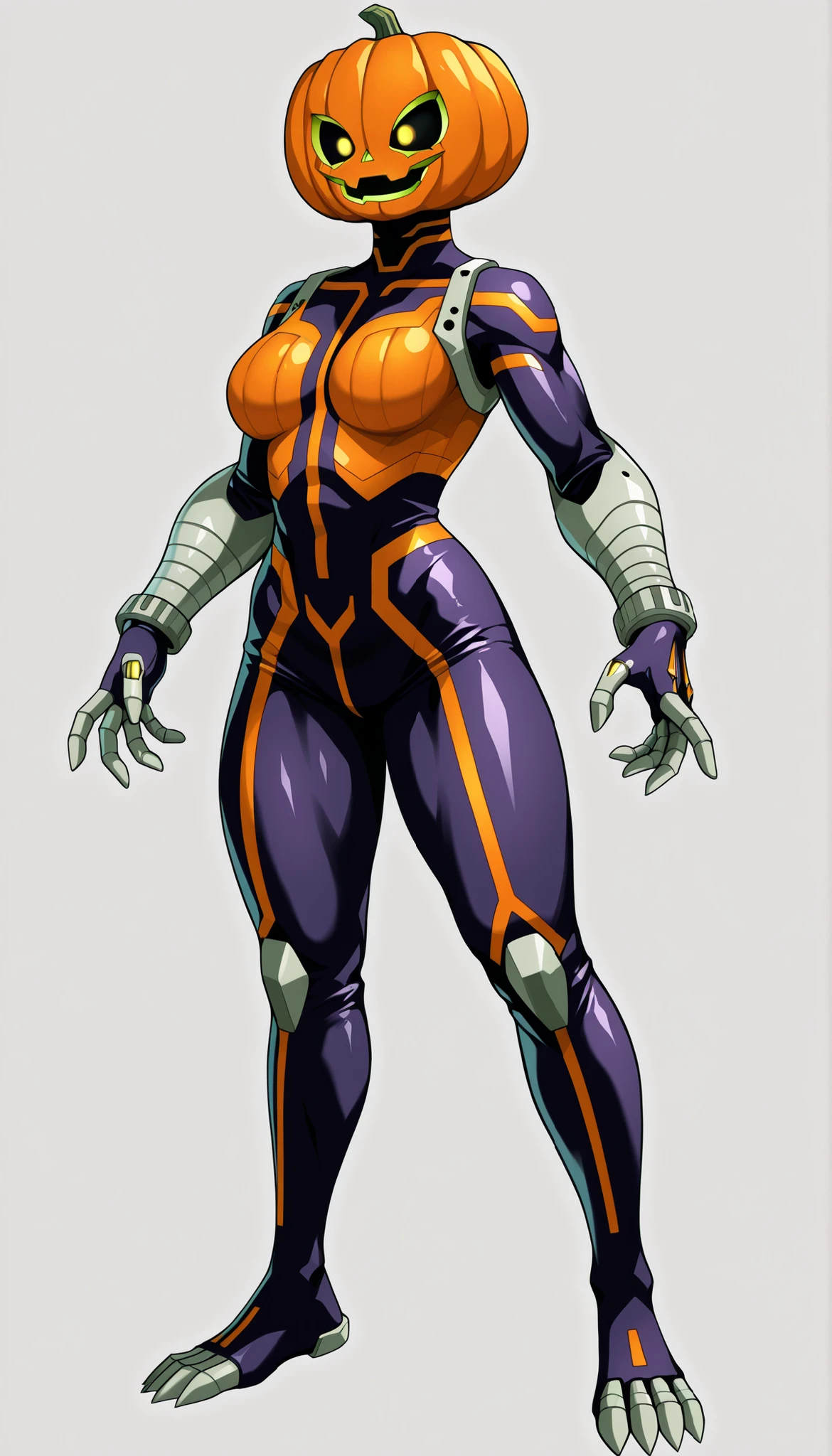 ((Highest Quality)), ((Simple Light Grey background)), (My Hero Academia Style), 1female, female, Medium Breast, thighs, hips, thick shins, solo, Athletic body, tall, standing, (Full Body), Tokusatsu villain, Tokusatsu monster, Tokusatsu Character, (cyborg Pumpkin Monster), cyborg Pumpkin form, cyborg Pumpkin monster, monster form, Dark Purple and Neon Green monster, Black and Orange monster, Cyborg form, mutant form, mutant monster, cyborg monster, cyborg form, Pumpkin monster, Pumpkin form, (Pumpkin face), (Pumpkin head), cyborg body, Pumpkin body, 