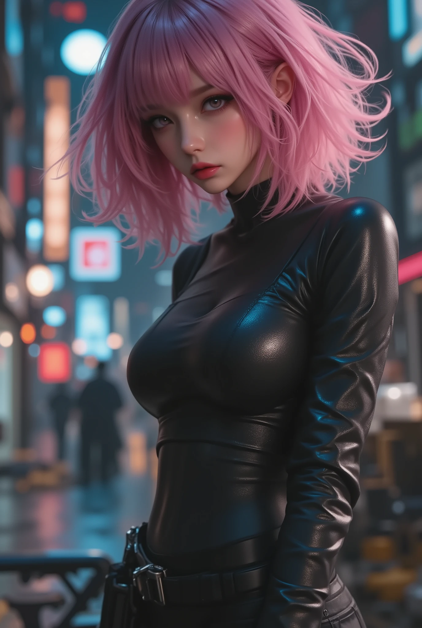 photo real、realistic skin texture、gun、Extremely Tight Cyberpunk Suit、Fluffy Shoulder-Length Hair、Dim Cyberpunk City、Beautiful Light Pink Eyes、pink hair