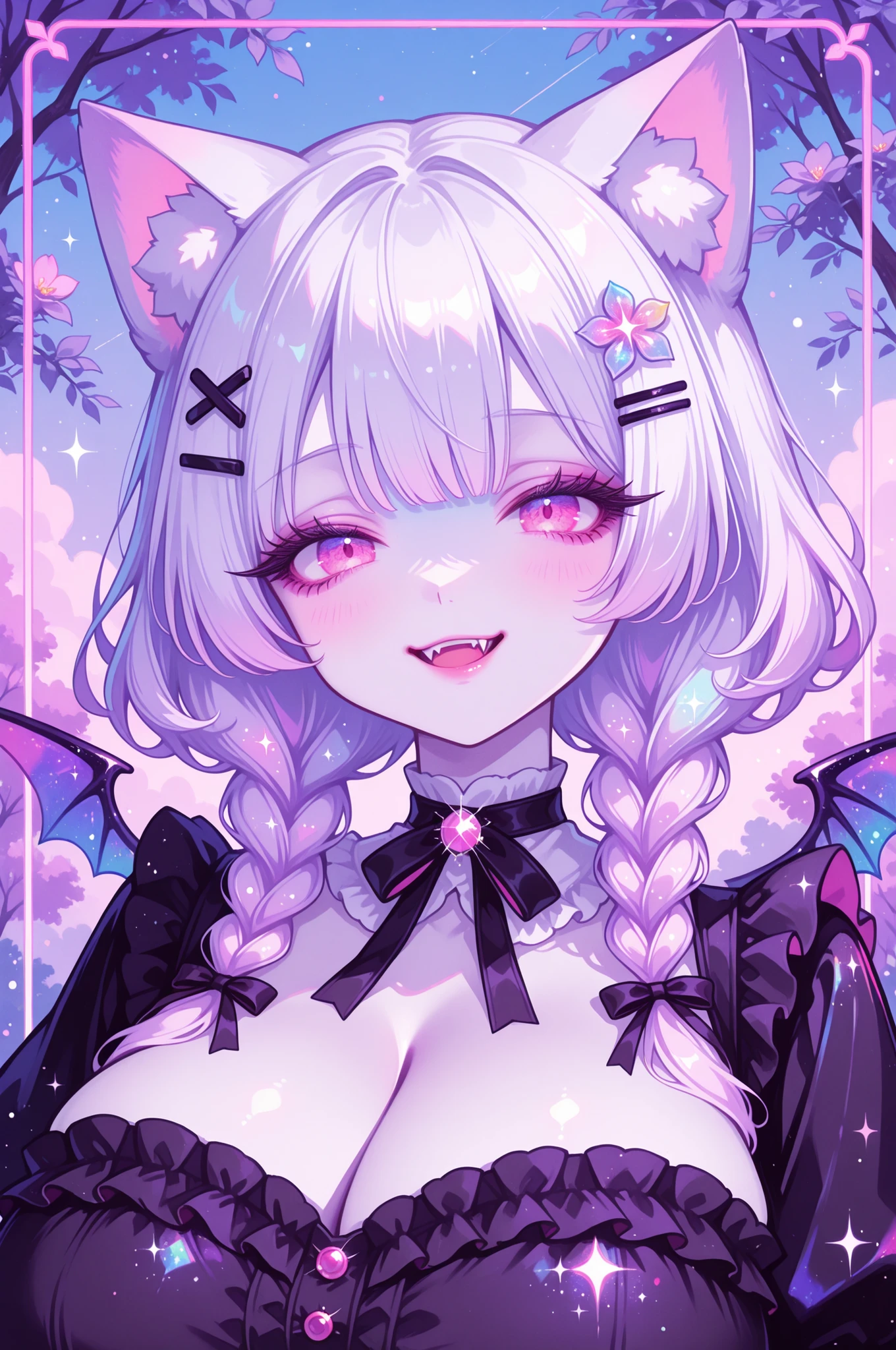 1girl, wuxia, ruffle blouse , trees, flowers, sky , face closeup., vibrant colors, face focus, glitter, iridescent neon colors, pink eyes, gigantic breasts, cute woman with soft wavy white hair, short twin braids framing her cheeks, flushed pale skin, long eyelashes, vampire, faint smile on her lips, vampire fangs, large bat wings, hair clips, frilly black blouse, ribbon choker, cat ears, fluffy and slightly tousled, two short side braids tied with tiny black satin ribbons, Soft lavender undertones, few hair strands fall, lips are soft and subtly pink,