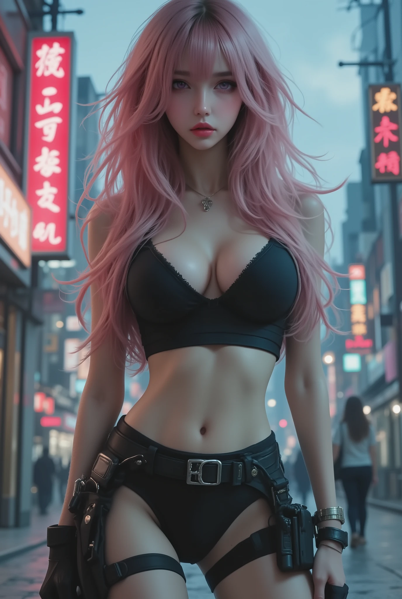 photo real、realistic skin texture、gun、Extremely Tight Cyberpunk Suit、Fluffy Shoulder-Length Hair、Dim Cyberpunk City、beautiful pink eyes、pink hair、thinウエスト、Beautiful Standing、Equipped on a Belt、thin、style is good、Shoulder-width is not wide、The waist is wide、My chest is slipping down medium size
