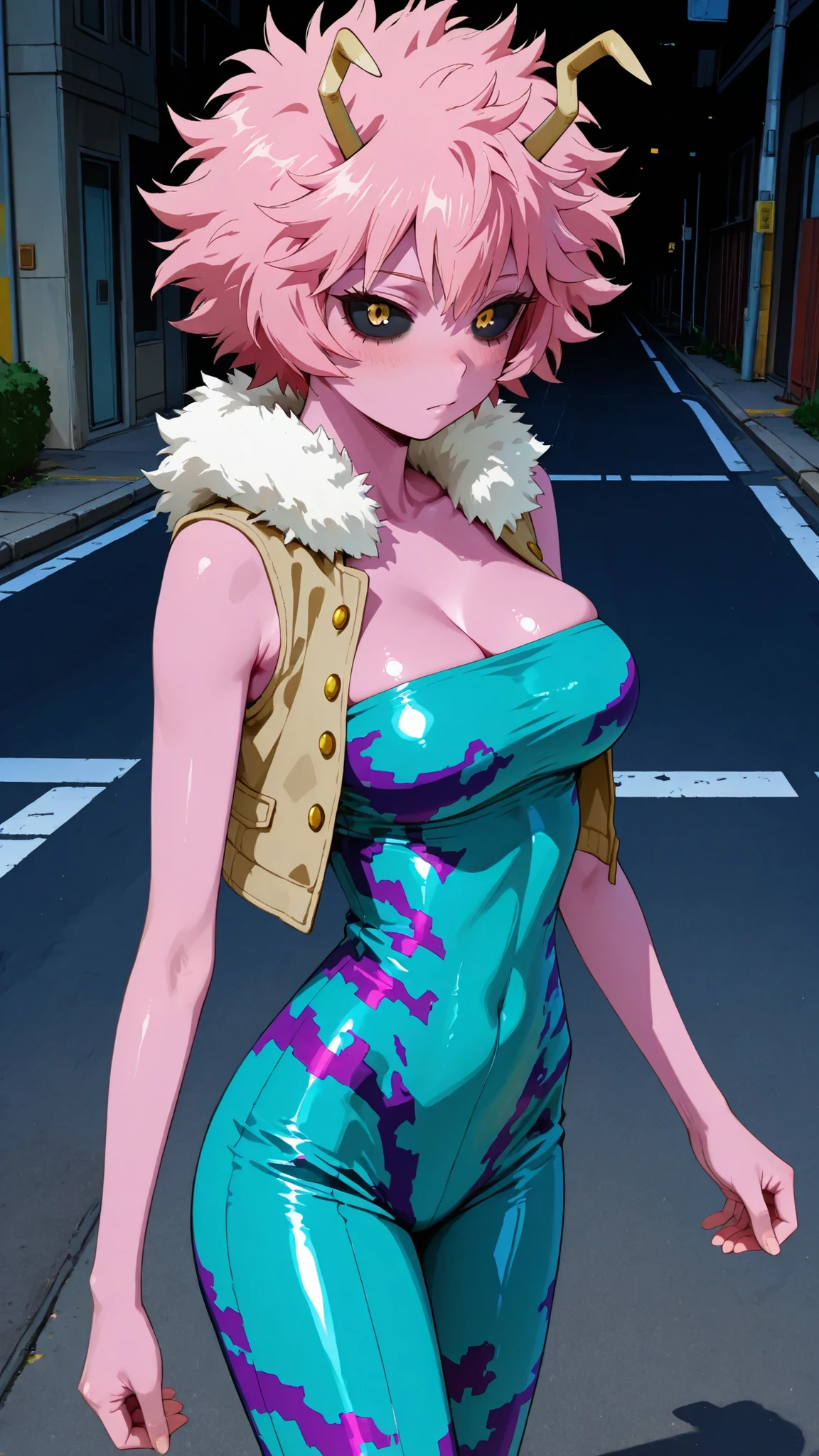 (masterpiece,best quality:1.2,amazing quality,very aesthetic, absurdres, newest), (anime coloring), official style,(ashido mina,boku no hero academia ) ,1girl,solo,a,(ideal ratio body proportions:1.2) ,(skinny),medium breasts,pink skin, pink hair, short hair, horns, black sclera,Hero's costume,vest,fur collar,tube top suit,shiny skin,standing,on road,