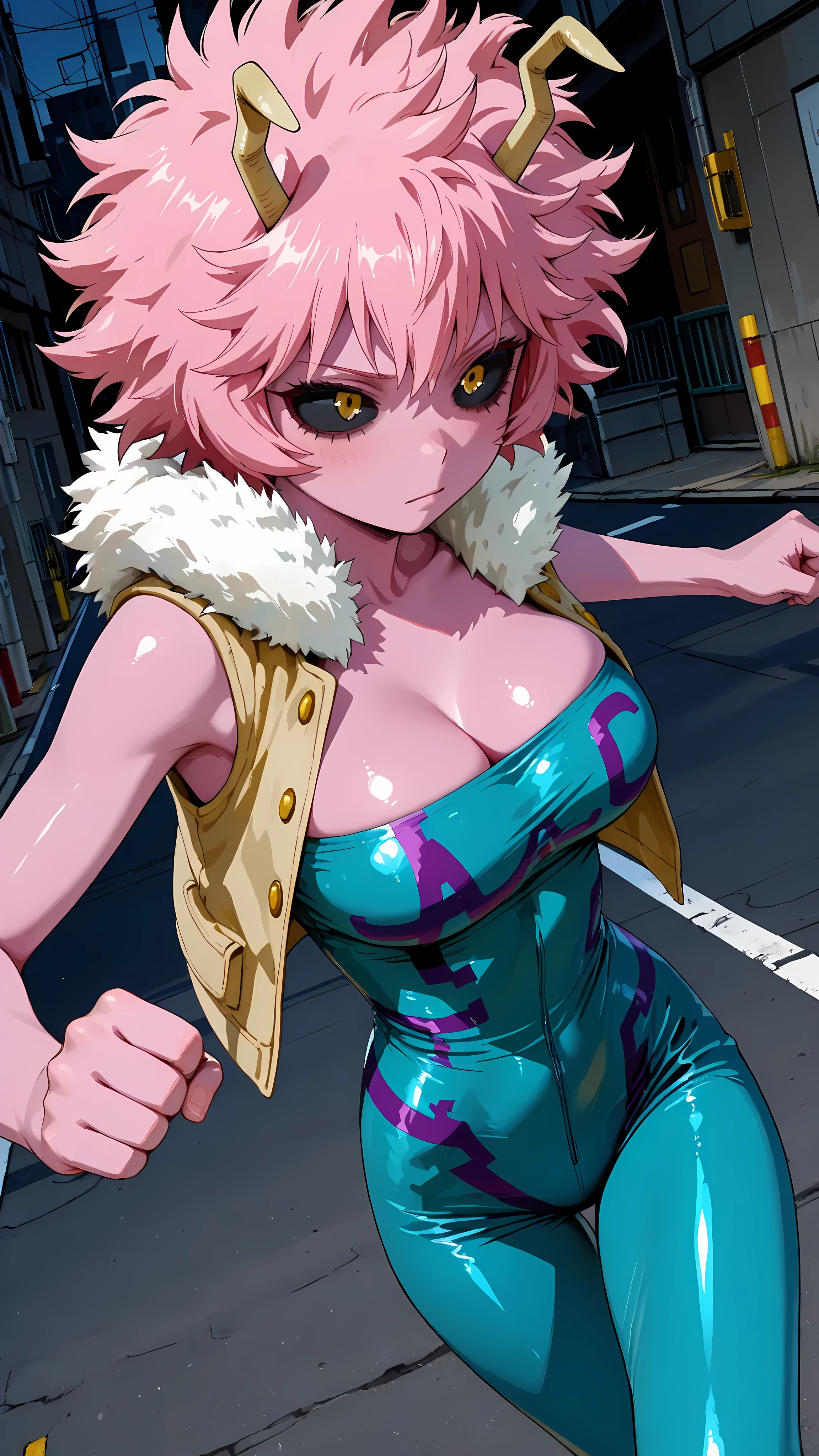 (masterpiece,best quality:1.2,amazing quality,very aesthetic, absurdres, newest), (anime coloring), official style,(ashido mina,boku no hero academia ) ,1girl,solo,(ideal ratio body proportions:1.2) ,(skinny),medium breasts,pink skin, pink hair, short hair, horns, black sclera,Hero's costume,vest,fur collar,tube top suit,shiny skin,dynamic Action,fighting,on road,dynamic angle,