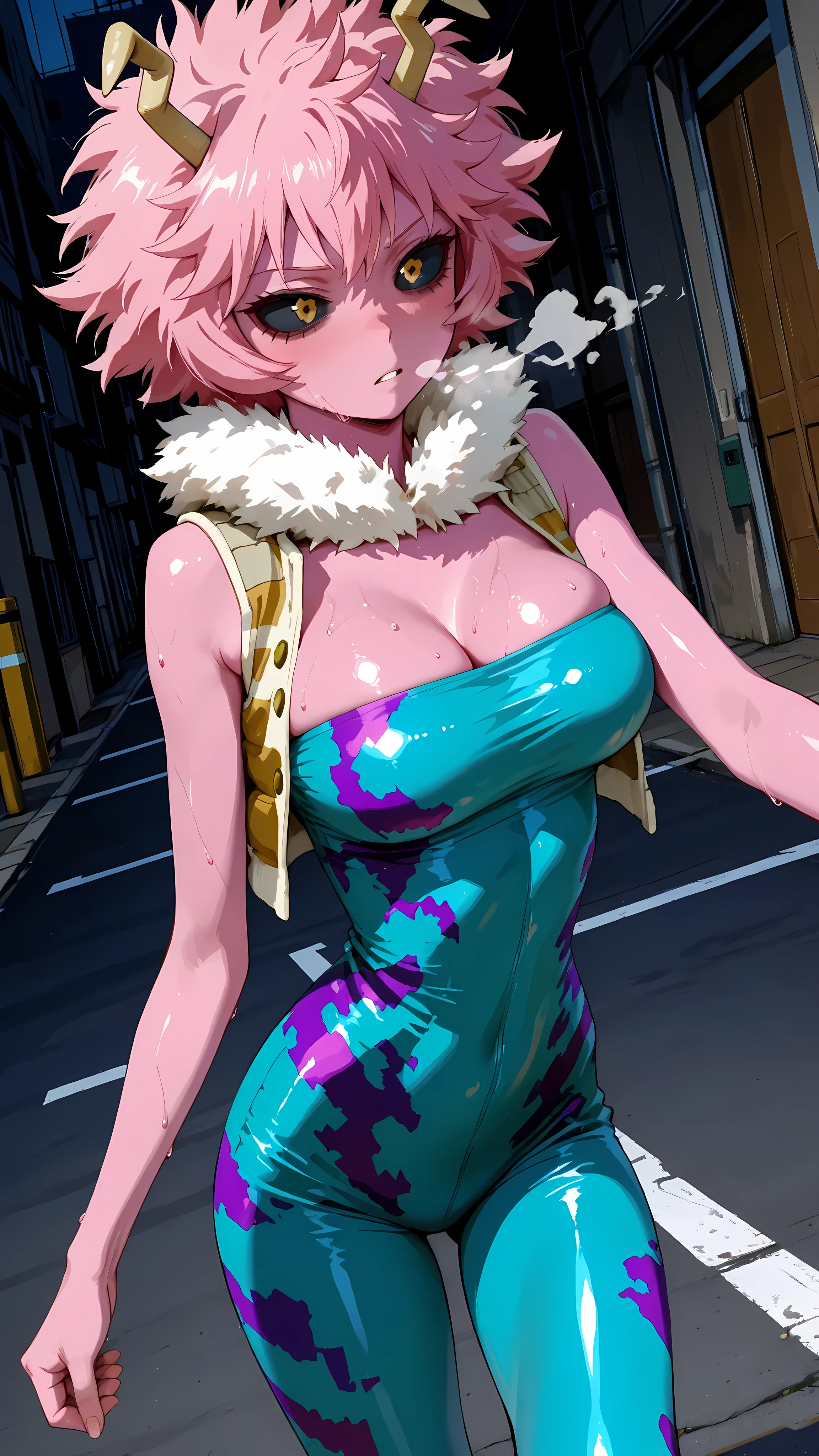 (masterpiece,best quality:1.2,amazing quality,very aesthetic, absurdres, newest), (anime coloring), official style,(ashido mina,boku no hero academia ) ,1girl,solo,(ideal ratio body proportions:1.2) ,(skinny),medium breasts,pink skin, pink hair, short hair, horns, black sclera,painful,heavy breath,heavy sweat,Hero's costume,vest,fur collar,tube top suit,shiny skin,dynamic Action,fighting,on road,dynamic angle,