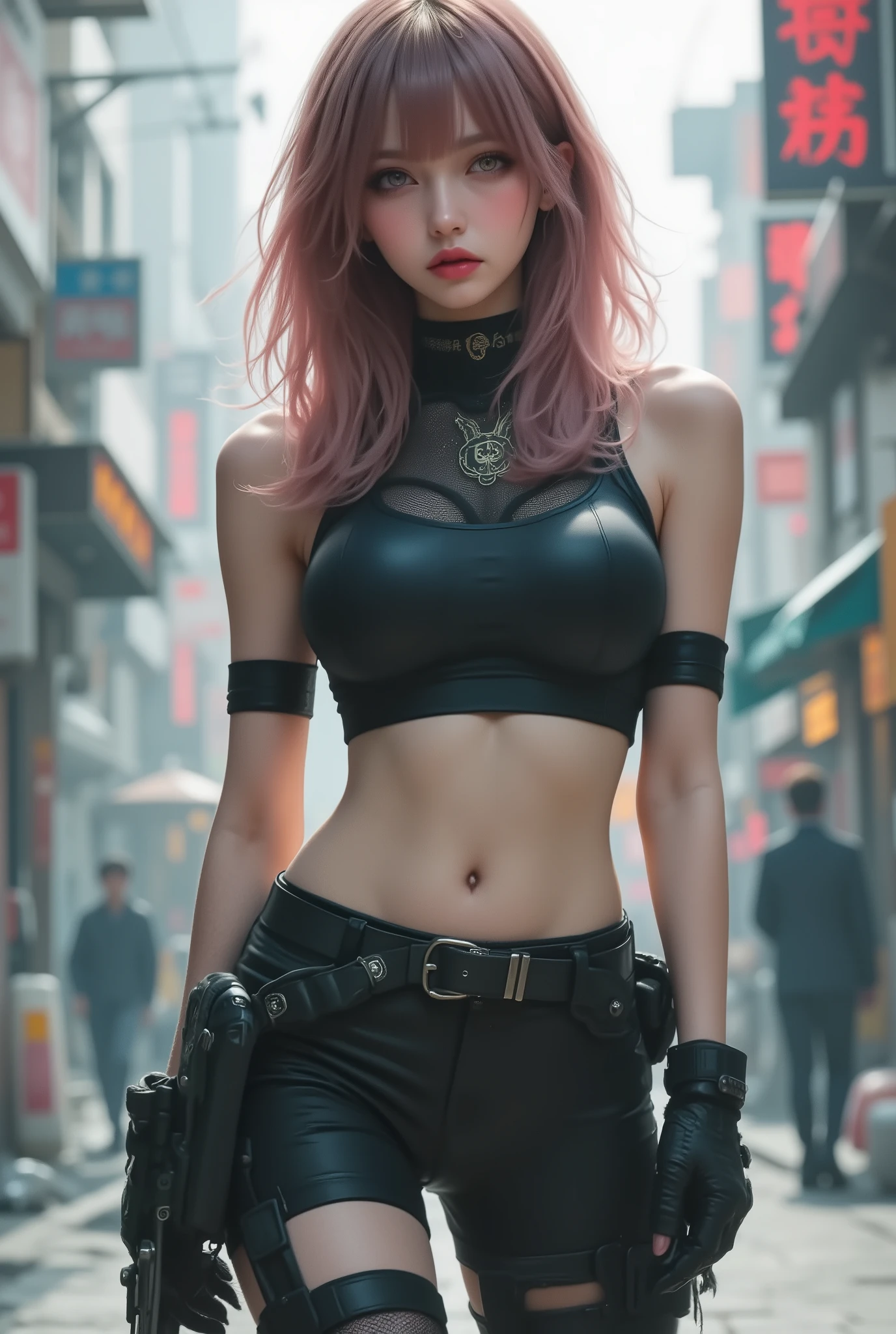 photo real、realistic skin texture、gun、Extremely Tight Cyberpunk Suit、Fluffy Shoulder-Length Hair、Dim Cyberpunk City、beautiful pink eyes、pink hair、thinウエスト、Beautiful Standing、Equipped on a Belt、thin、style is good、Shoulder-width is not wide、The waist is wide、My chest is slipping down medium size
