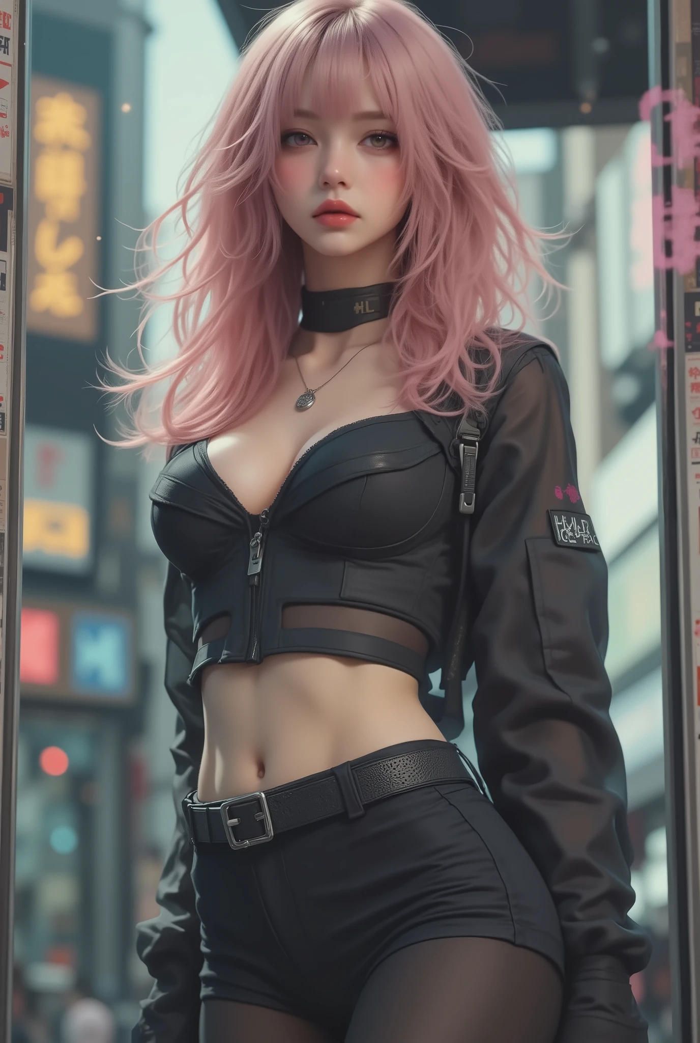 photo real、realistic skin texture、gun、Extremely Tight Cyberpunk Suit、Fluffy Shoulder-Length Hair、Dim Cyberpunk City、beautiful pink eyes、pink hair、thinウエスト、Beautiful Standing、Equipped on a Belt、thin、style is good、Shoulder-width is not wide、The waist is wide、My chest is slipping down medium size