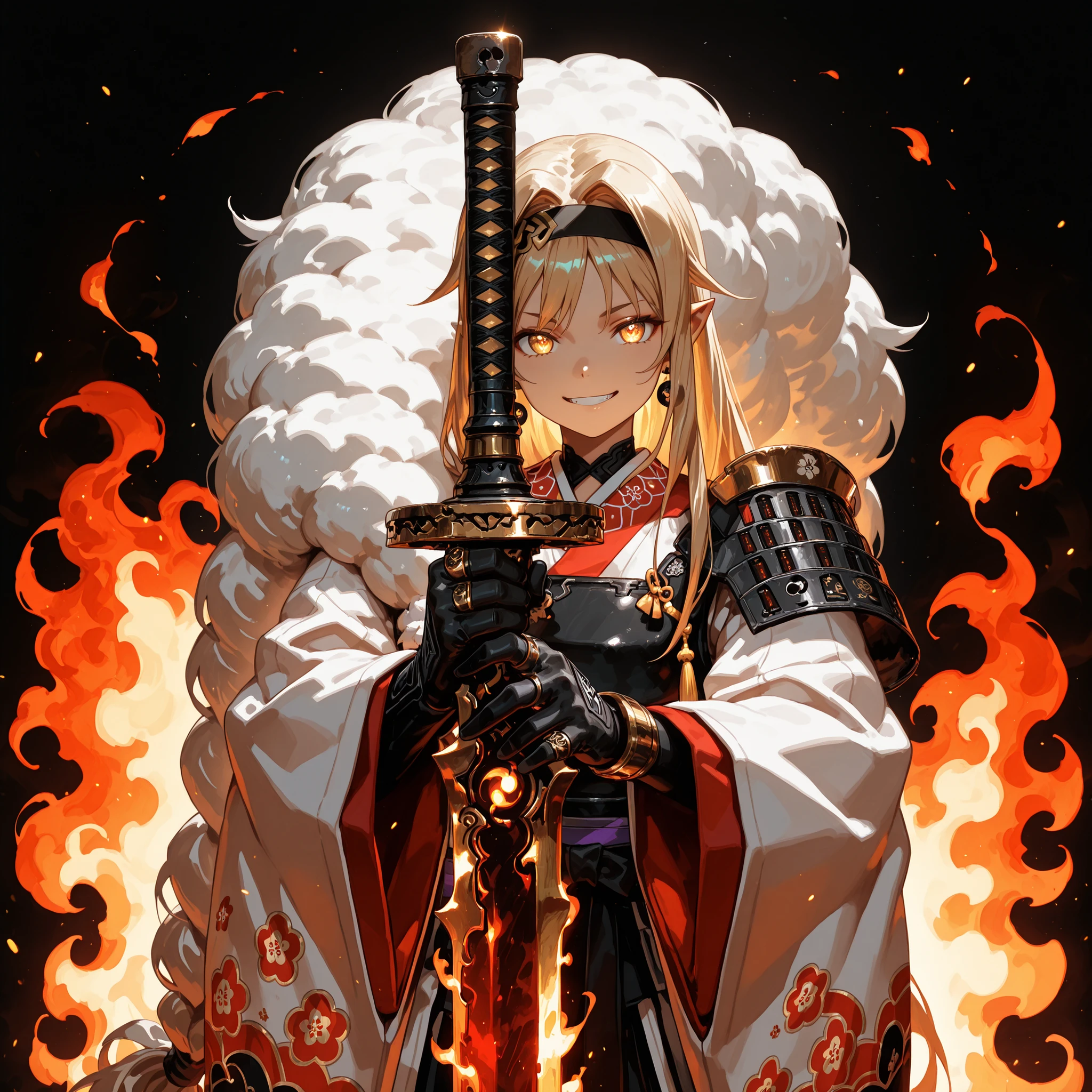 A short, solitary male character, a young teenager, about 1.5 meters tall. He stands alone against a deep black background, making him stand out vividly. His physique, face, and height are exactly like Lloyd de Saloum.
He has long blond hair, styled exactly like Alice Zuberg's from Sword Art Online, with a braid tied in the middle with a black ribbon before flowing freely. A black headband, identical to Alice Zuberg's, rests on his head. His golden eyes shine brightly. His expression is provocative and confident, marked by a bold, mocking smile. He has pointy ears and a golden monkey tail. Blonde hair. Blonde hair
Outfit:
He wears an ornate white Chinese robe. Draped over his right shoulder is a flowing golden fur cloak (like Sesshoumaru’s), soft and radiant like a divine cloud, falling almost to the ground along his back. The cloak is fastened with gold medals and chains that cross to his left shoulder. He has a golden pauldron on his left shoulder with the design of an oni face.
Weapon:
In his right hand, he firmly grips a gigantic Japanese greatsword with a golden blade and black details on the blade with three black rings attached to the blade. The guard and hilt of the greatsword are black and there is dark energy emanating from the blade.
In his left hand, he holds a golden flame with glowing points, radiating power. In his left hand, he holds a golden flame with glowing points, radiating power. In his left hand, he holds a golden flame with glowing
Pose and Atmosphere:
He assumes a bold, dynamic battle stance, facing the viewer directly with a playful yet arrogant look. His left hand conjures a golden sphere of energy streaked with glowing red sparks, radiating raw power.
Atmosphere and Style:
Male character, youthful energy.
Ultra-detailed, sharp, clean anime style. Deep black background with cinematic lighting accentuating his short stature and powerful aura. Golden jeweled earrings glimmer in the light.
The character is a boy. The character is male.