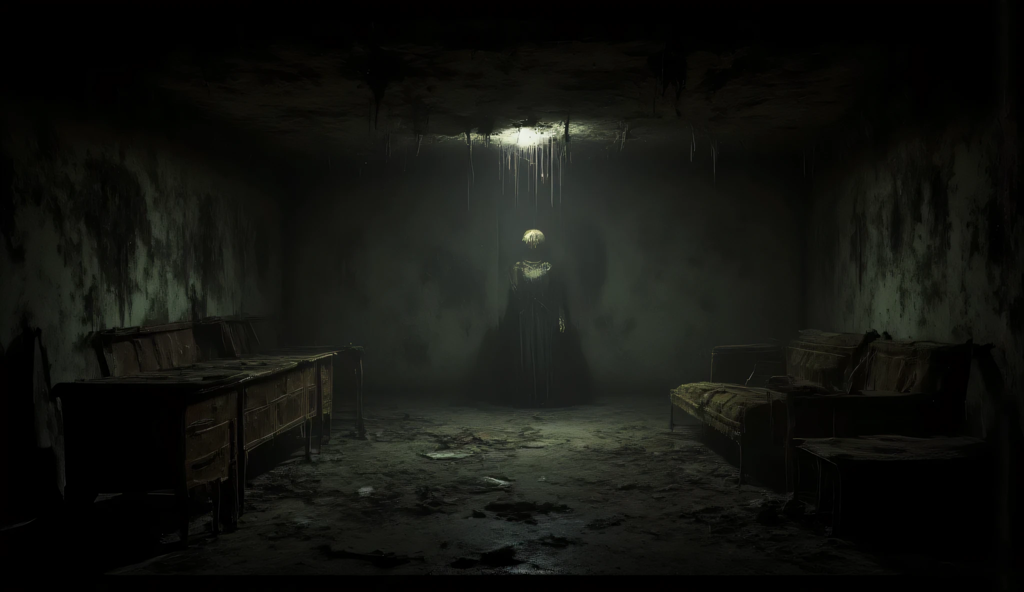 Liminal, surreal basement, antique, abandoned, darkness, despair.