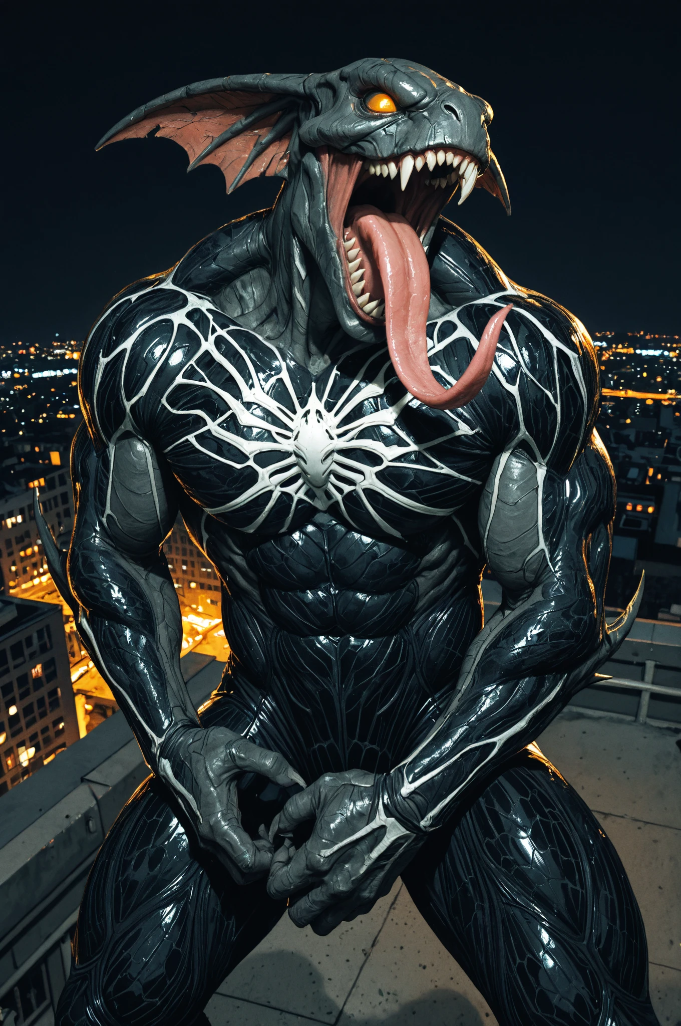 venom, symbiote, female, black body, open mouth, sharp teeth, long tongue, , massive , slim, pov, city, photo-realistic, titfuck, huge round , holding 