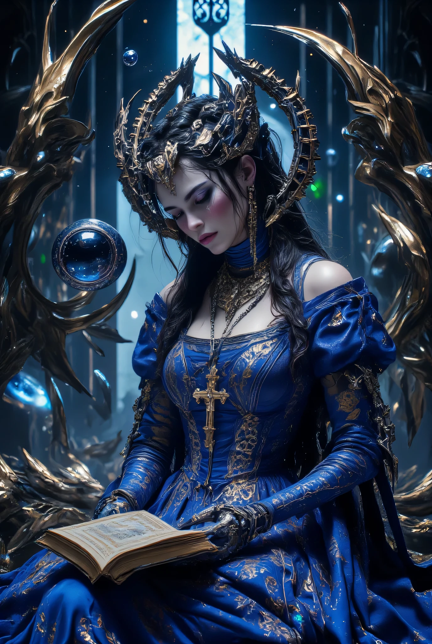 Surreal Paintings, An extravagant, mysterious female figure dressed in intricately embroidered cobalt blue sexy medieval clothing , A jeweled rosary necklace with a large crucifix rests on her shoulder,Allusions to a historical or religious background or past lives, her hands are tightly gripping a very ancient illuminated book of Alchemy and Angelic Enochian magic, with arcane graphs and suggesting studiousness and contemplation, A number of abstract shapes and dragon heads, cyclops things and creatures of myth blend seamlessly around the mysterious figure's head,Set against a vivid , an alien cosmic montage of strange vistas of backdrop, Jagged iridescent geometric shapes, The background features celestial bodies such as planets and moons,Above these shapes are disarticulated eyes,Adding to the dreamy, mysterious atmosphere, The scene is set in a dark, expansive temple open to the sky, Suggesting a journey through time and space, The contrast of light and shadow, Fantastic Mood, A visually appealing piece, Deep symbolism, Various interpretations,