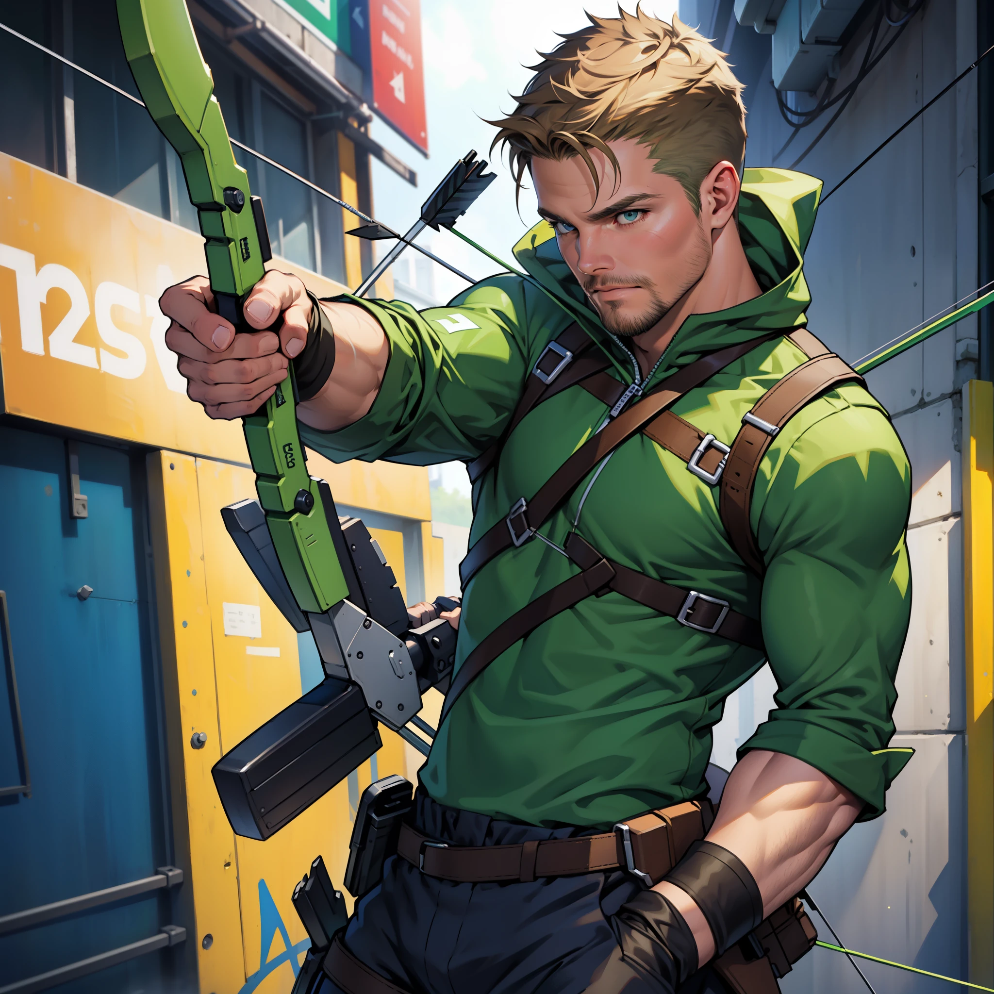 (((1 man in action))),(((lding his crossbow in his left hand ... aiming.... Shooting his arrows..... Running.... ))) , male focus solo,45 yo man,(((Stephen AMELL as green arrow WITH PERFECT ANATOMY))), (((shooting arrows from his CROSSbow, in action ))), (((lean muscle perfect anatomy))), open shirt, pants and brown boots, green finger gloves ,( bulge), full body shot, dark blond short hair, well groomed facial hair , ultra high quality, masterpiece, (((( blue and white and green arabesques lines in the background))))