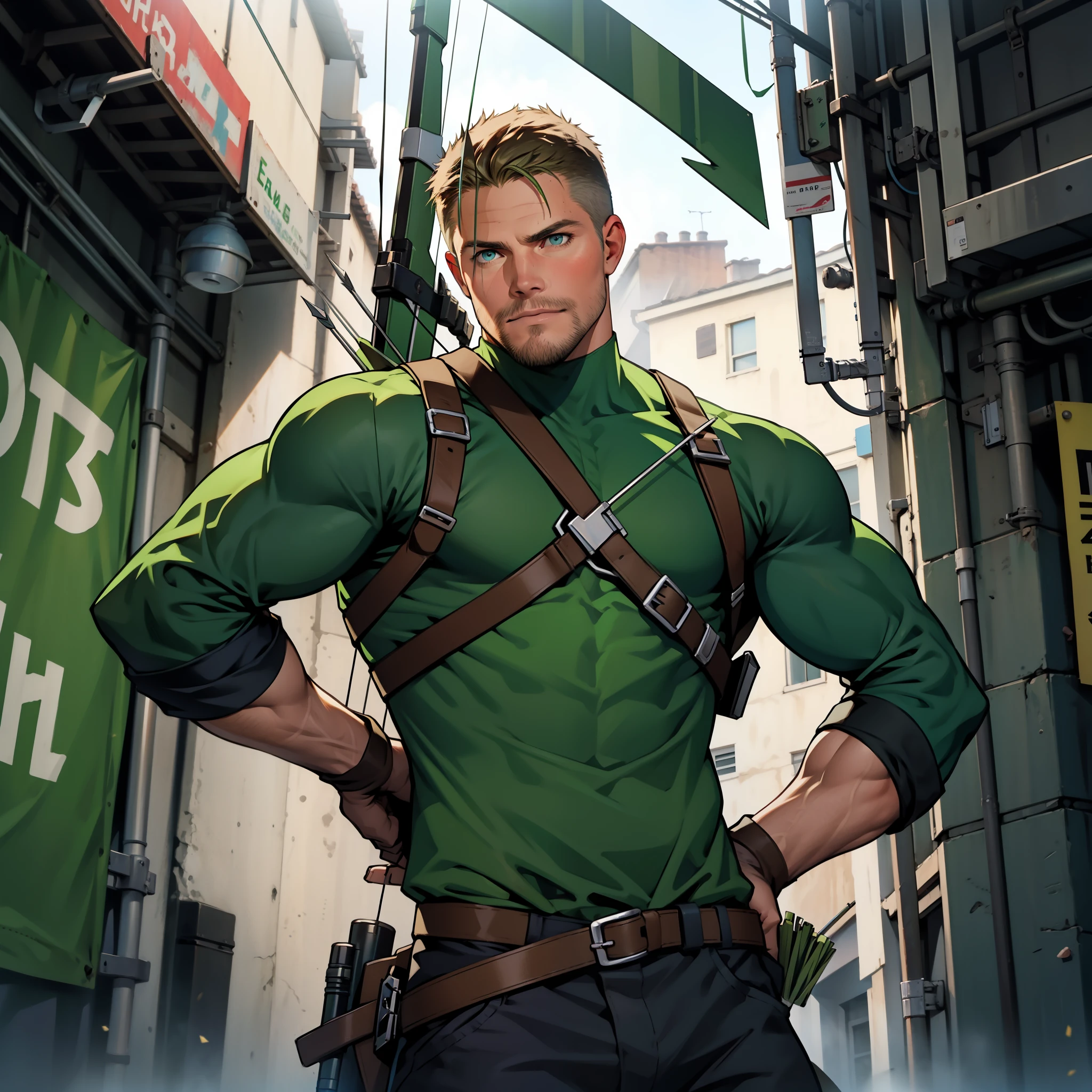 (((1 man in action))),(((lding his crossbow in his left hand ... aiming.... Shooting his arrows..... Running.... ))) , male focus solo,45 yo man,(((Stephen AMELL as green arrow WITH PERFECT ANATOMY))), (((shooting arrows from his CROSSbow, in action ))), (((lean muscle perfect anatomy))), open shirt, pants and brown boots, green finger gloves ,( bulge), full body shot, dark blond short hair, well groomed facial hair , ultra high quality, masterpiece, (((( blue and white and green arabesques lines in the background))))