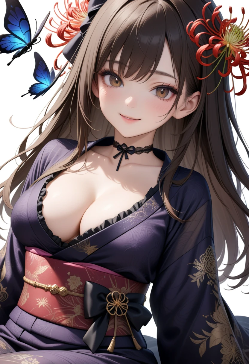 best quality, masterpiece, highres, solo, {imai_lisa_bangdream:1.15}, brown_hair, long_hair, bangs, smile, jewelry, green_eyes, earrings, blush, ponytail, sidelocks, 1girl, black_choker, black_headwear, bug, choker, collarbone, hat, low_twintails, necklace, twintails, butterfly, beret, jacket, off_shoulder, bare_shoulders, breasts, grey_eyes, looking_at_viewer, upper_body, white_background, long_sleeves, nail_polish, simple_background, tattoo