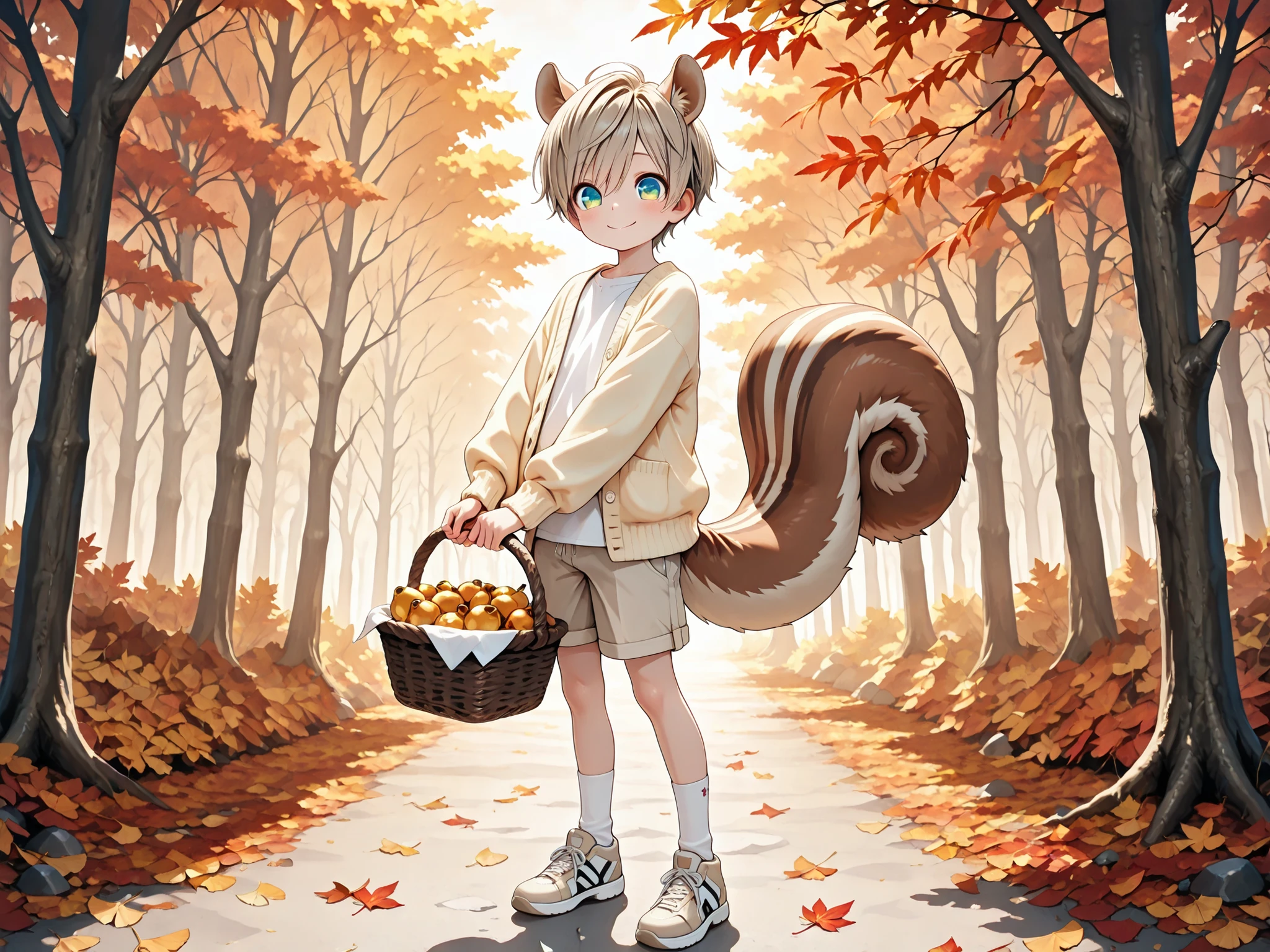 (Masterpiece), 4K, (Best quality, Amazing quality, Very beautiful. Outrageous). Cute face, small, slender body, delicate hair.
BREAK, Single boy, (Young boy), Alone, Natural skin tone and texture, Very cute face, Light brown hair, Short hair, Short cut, Pixie cut, (Happy face, Detailed big eyes, Happy smile), Accurate and perfect anatomy.
BREAK, Squirrel ears, Squirrel tail, Standing, Light yellow cardigan, White shirt under cardigan, Light brown shorts, Socks, Sneakers.
BREAK, (Holding basket high with both hands), Basket full of acorns, Outdoors, Forest, Autumn leaves, Fallen leaves.