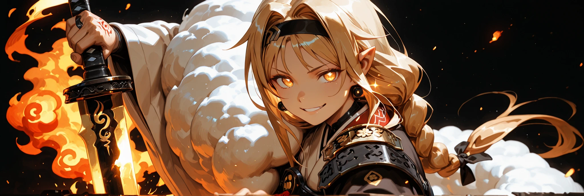 A short, solitary male character, a young teenager, about 1.5 meters tall. He stands alone against a deep black background, making him stand out vividly. His physique, face, and height are exactly like Lloyd de Saloum.
He has long blond hair, styled exactly like Alice Zuberg's from Sword Art Online, with a braid tied in the middle with a black ribbon before flowing freely. A black headband, identical to Alice Zuberg's, rests on his head. His golden eyes. His expression is provocative and confident, marked by a bold, mocking smile. He has pointy ears and a golden monkey tail. Blonde hair. Blonde hair
Outfit:
He wears an ornate white Chinese robe. Draped over his right shoulder is a flowing golden fur cloak (like Sesshoumaru’s), soft and radiant like a divine cloud, falling almost to the ground along his back. The cloak is fastened with gold medals and chains that cross to his left shoulder. He has a golden pauldron on his left shoulder with the design of an oni face.
Weapon:
In his right hand, he firmly grips a gigantic Japanese greatsword with a golden blade and black details on the blade with three black rings attached to the blade. The guard and hilt of the greatsword are black and there is dark energy emanating from the blade.
In his left hand, he holds a golden flame with glowing points, radiating power. In his left hand, he holds a golden flame with glowing points, radiating power. In his left hand, he holds a golden flame with glowing
Pose and Atmosphere:
He assumes a bold, dynamic battle stance, facing the viewer directly with a playful yet arrogant look. His left hand conjures a golden sphere of energy streaked with glowing red sparks, radiating raw power.
Atmosphere and Style:
Male character, youthful energy.
Ultra-detailed, sharp, clean anime style. Deep black background with cinematic lighting accentuating his short stature and powerful aura. Golden jeweled earrings glimmer in the light.
The character is a boy. The character is male.