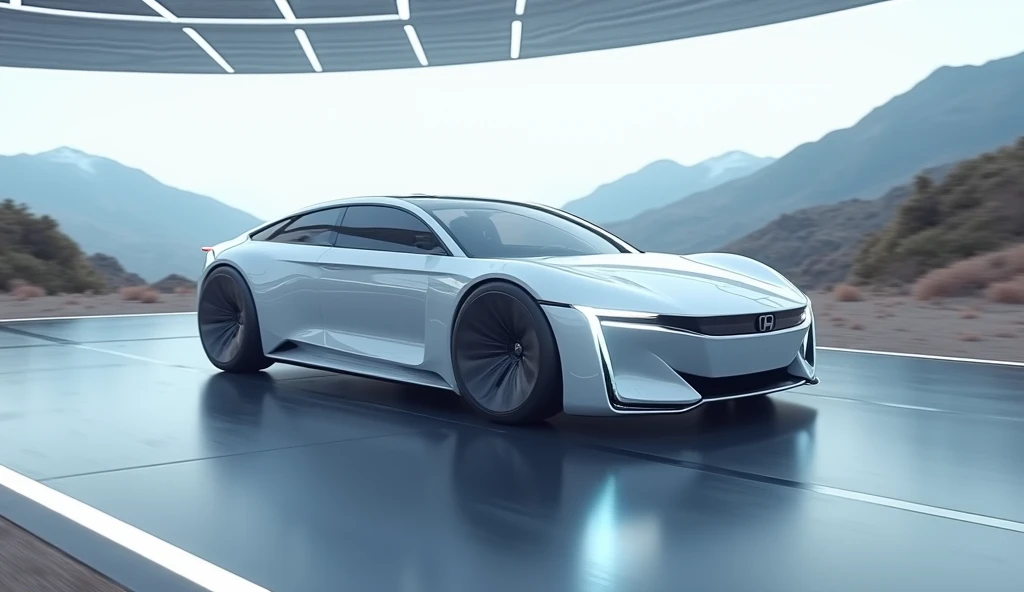 2026 Honda Accord futuristic concept showcase, ultra-shiny glassy shining pearl-white metallic paint with mirror reflections, sedan displayed under futuristic neon-white spotlights, reflective glass showroom floor, holographic Honda branding in background, cinematic luxury expo environment — 8K hyper-realistic render.