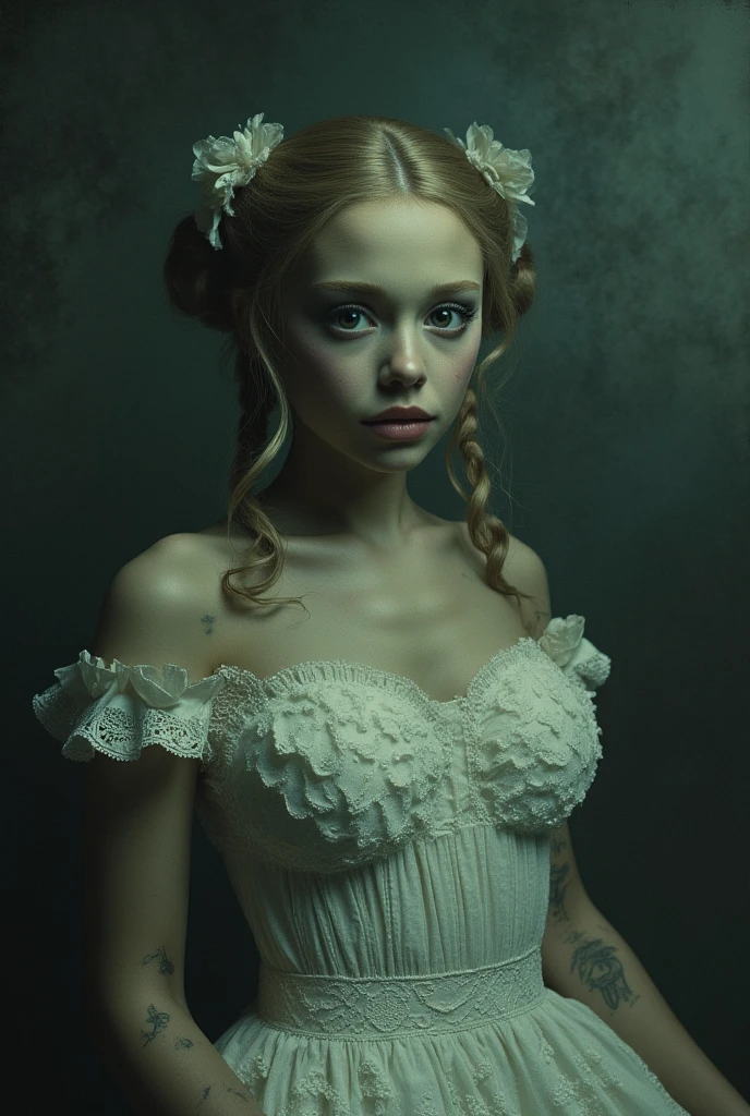 An ultrafine detailed watercolor painting of a gorgeous undead zombie with flowers in her hair, in the style of Alphonse Maria Mucha and Gustav Kilmt, art nouveau accents, (undead zombie:1.2), anthropomorphic female, female figure, detailed cover artwork, as the goddess of the flowers, Alphonse Mucha, Gustav Klimt, pale bluish skin, a marble sculpture, cgsociety, gothic art, art nouveau, behance contest winner