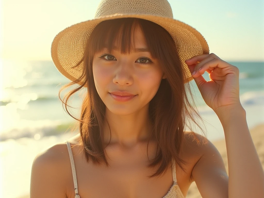masterpiece,best quality,(Japanese ),((Beautiful girl)),,(perfect body beauty:1.2),(shy smile),beautiful teeth,(straw hat),(seaside),