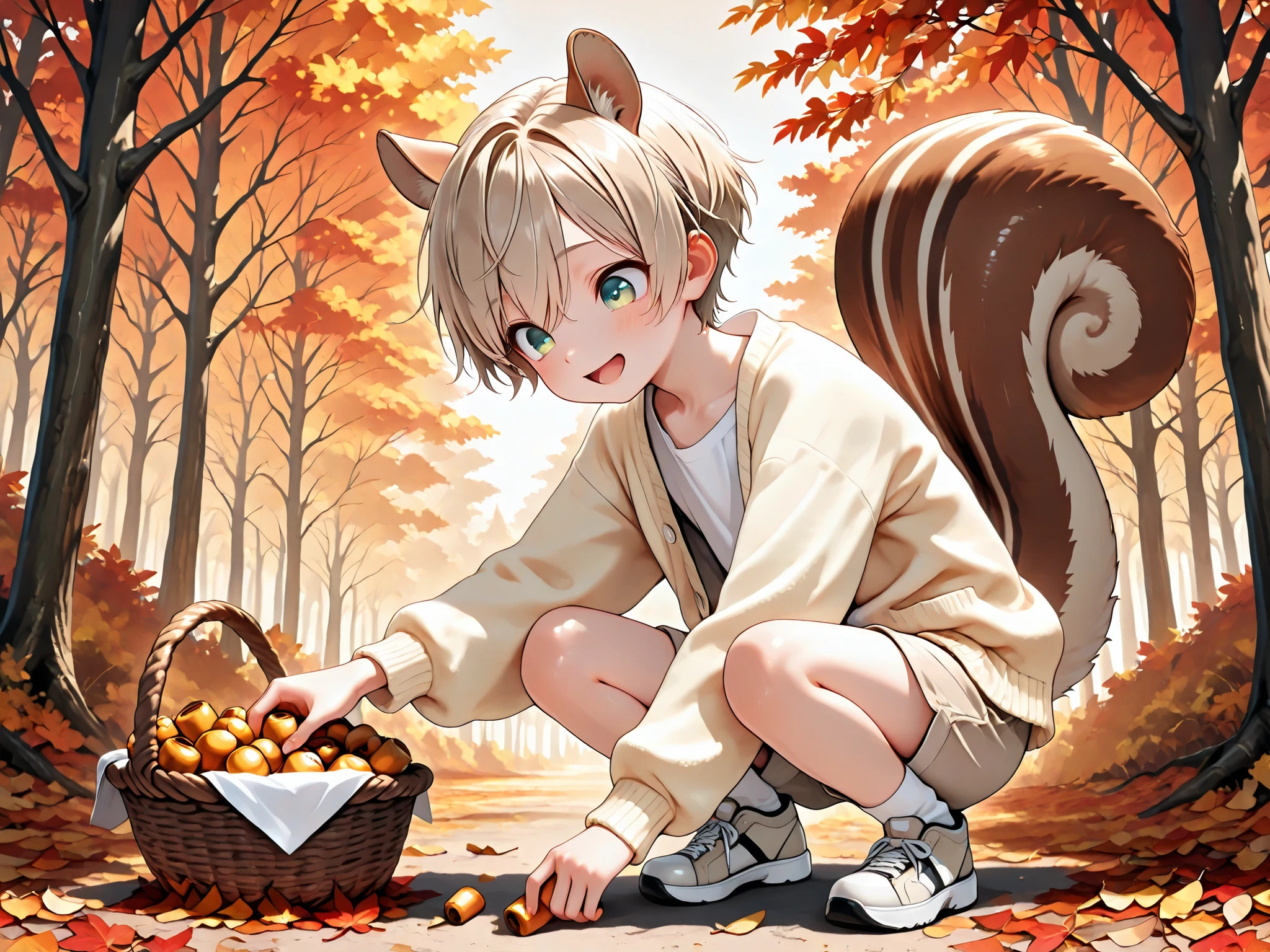 (Masterpiece), 4K, (Best quality, Amazing quality, Very beautiful. Outrageous). Cute face, small, slender body, delicate hair.
BREAK, Single boy, (Young boy), Alone, Natural skin tone and texture, Very cute face, Light brown hair, Short hair, Short cut, Pixie cut, Detailed and cute big eyes, Half-open mouth, Smile, Accurate and perfect anatomy.
BREAK, Squirrel ears, Squirrel tail, Squatting position, Light yellow cardigan, White shirt under cardigan, Light brown shorts, Socks, Sneakers.
BREAK, Holding a basket in one hand, Basket full of acorns, (Picking up acorns with one hand), Outdoors, Forest, Autumn leaves, Fallen leaves.