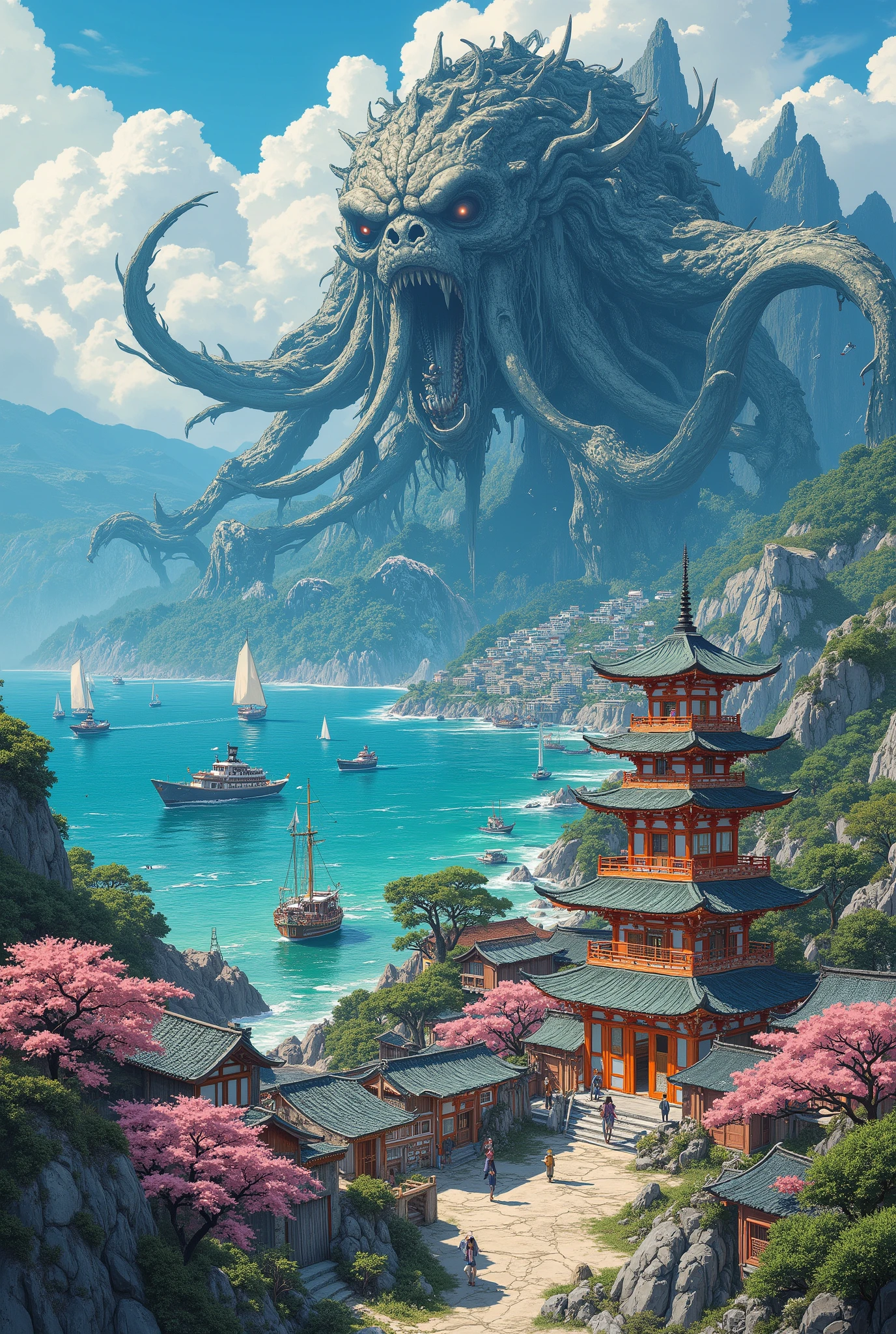 Create a beautiful picture with an amazing view of the picturesque Japanese fishing village; Orange and red Japanese temple; Pagodas; some pink cherry trees, view from above, surrounded by turquoise clear water, Asian Ships in front of the coast,  The art style is highly detailed and painterly, emphasizing the interplay of light, water, and texture to evoke a sense of serenity and timeless beauty, DB4RZ, DB4RZ style painting, NeoPigma, in the style of cksc,, anime, cyberpunk, a masterpiece, award winning,
Rising out of the sea is a massive tentacled monster.  The monster's shadow falls across the village; The enormous monster is bigger than the village; Wet dripping skin;  Hyper-realistic; The creature is rising out of the ocean and stalking toward the village from the sea.