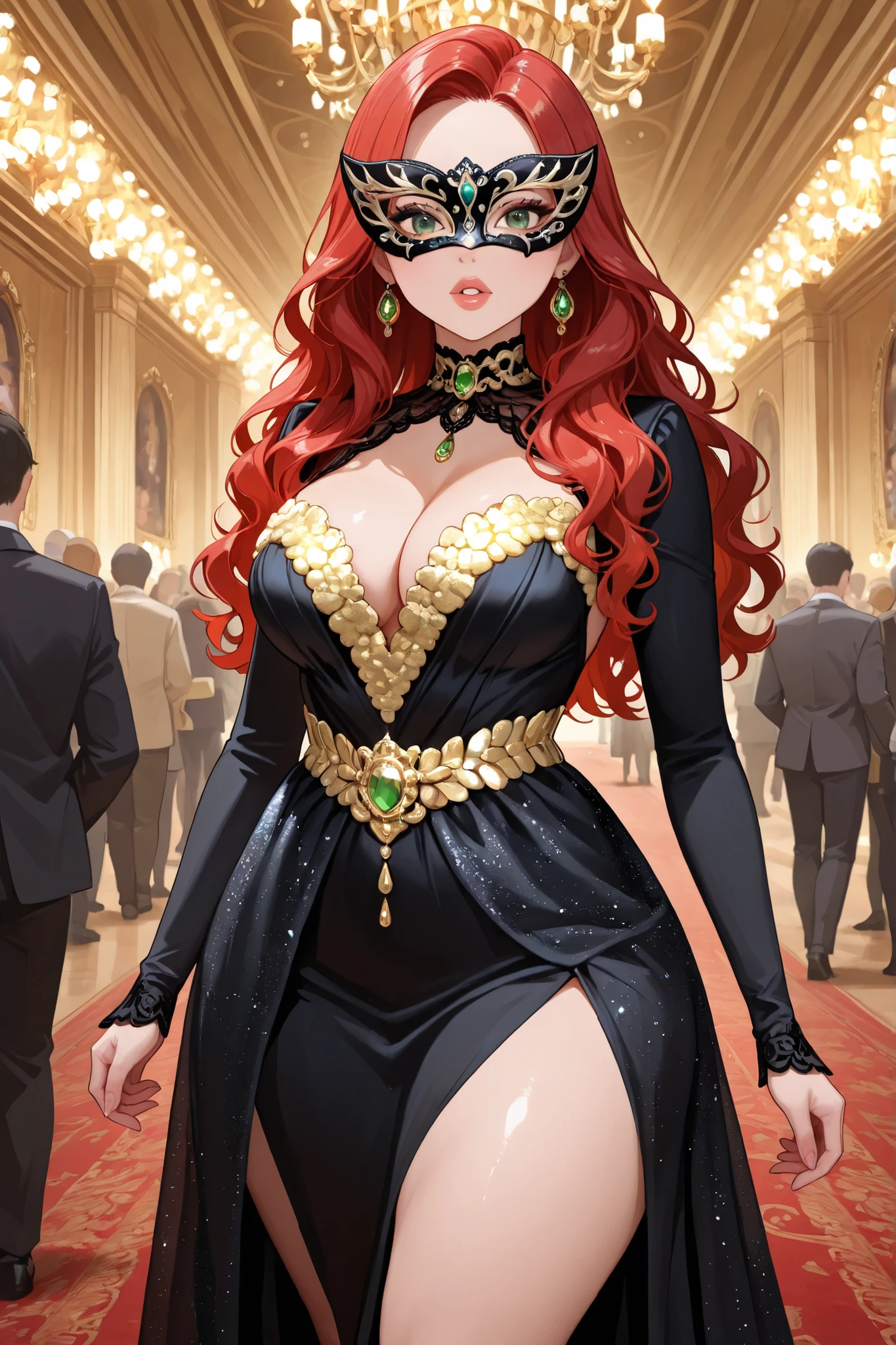 1girl, red hair, wavy hair, middle part, (detailed green eyes), thick thighs, cleavage, black dress, sequin dress))), detailed masquerade mask, detailed ballroom background, people in background, looking at viewer, full lips, golden jewelry