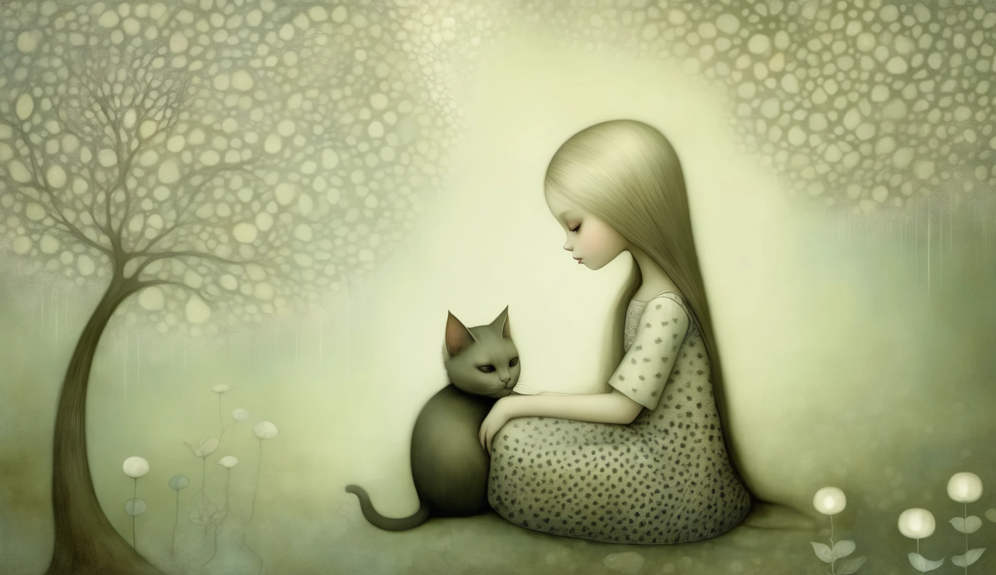 Surreal fantasy, detailed, intricate, with patterns, texturized, dreamy and fantastical mood, a sad girl sitting huging her legs, a tear in her eye, a kitty in her shoulder by Nicoletta Ceccoli