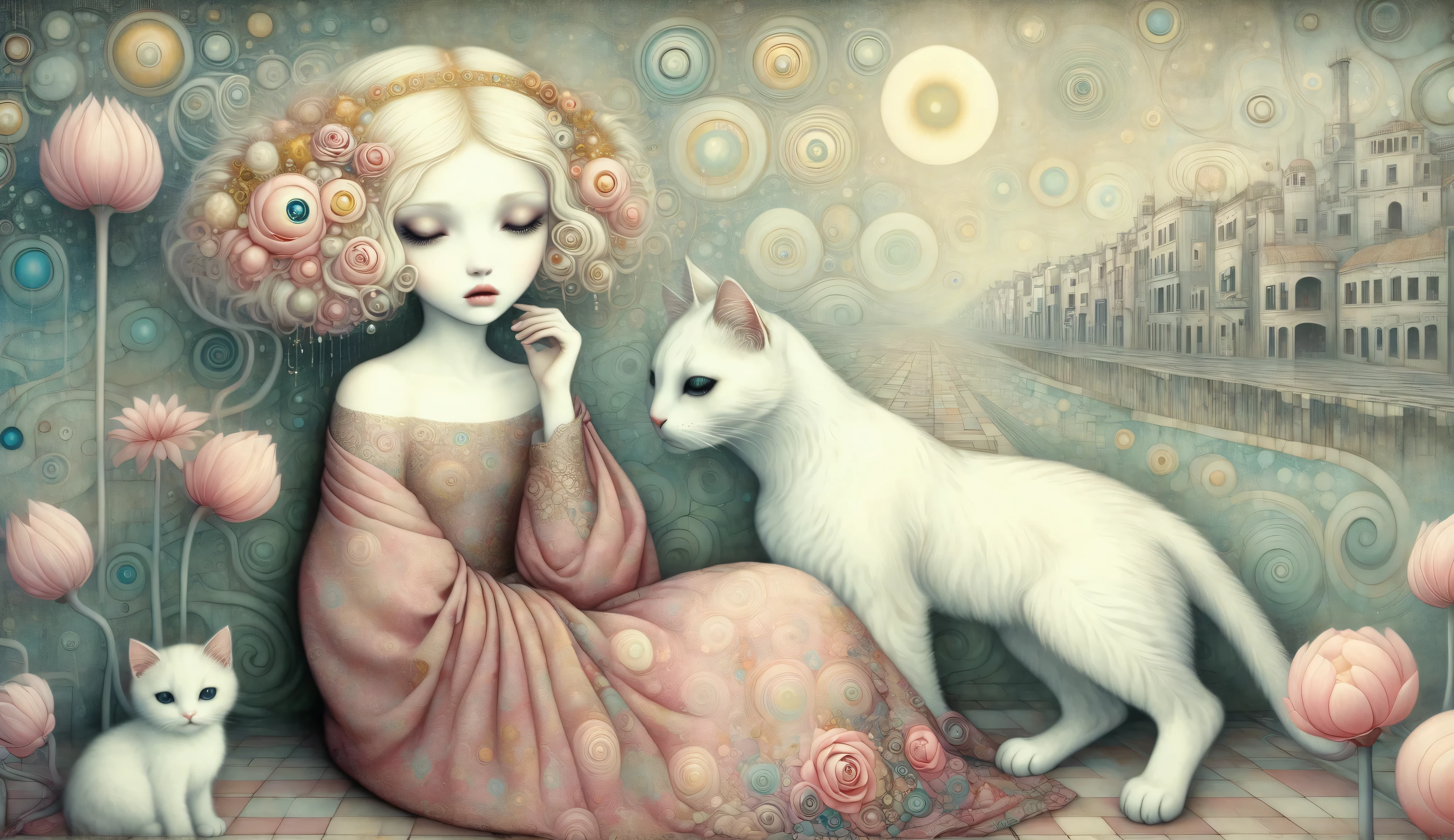 Surreal fantasy, detailed, intricate, with patterns, texturized, dreamy and fantastical mood, a sad girl sitting huging her legs, a tear in her eye, a kitty in her shoulder by Nicoletta Ceccoli