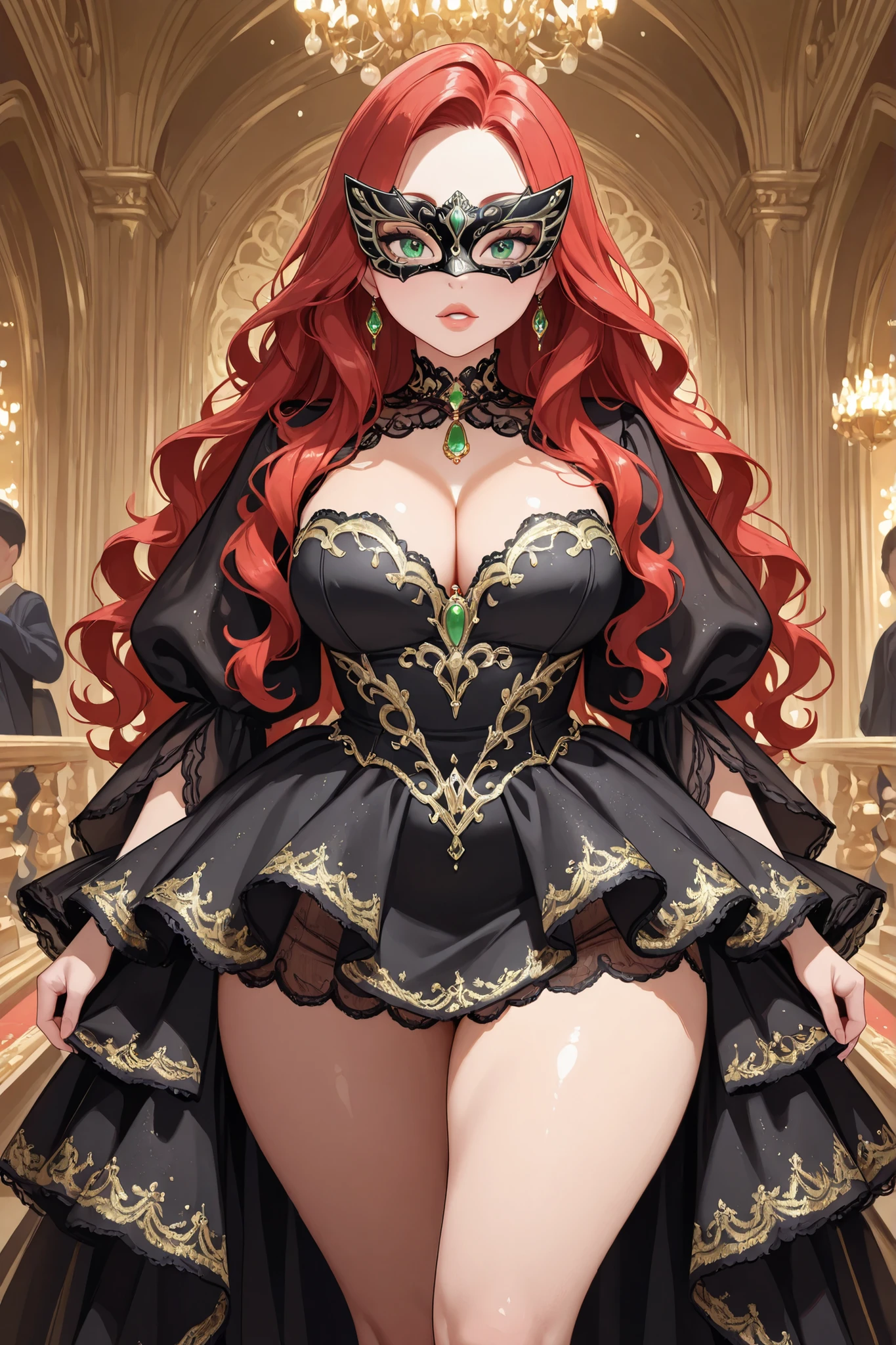 1girl, red hair, wavy hair, middle part, (detailed green eyes), thick thighs, cleavage, black dress, sequin dress))), detailed masquerade mask, detailed ballroom background, people in background, looking at viewer, full lips, golden jewelry