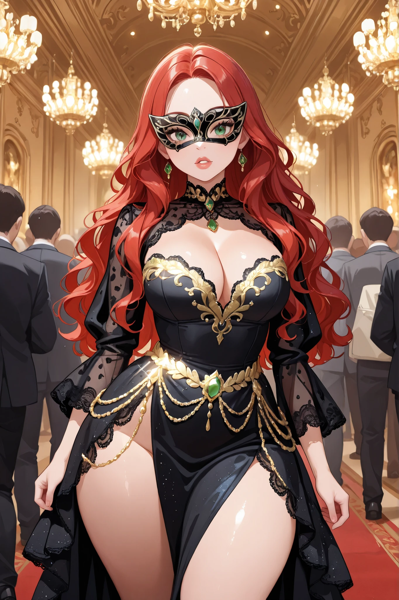 1girl, red hair, wavy hair, middle part, (detailed green eyes), thick thighs, cleavage, black dress, sequin dress))), detailed masquerade mask, detailed ballroom background, people in background, looking at viewer, full lips, golden jewelry