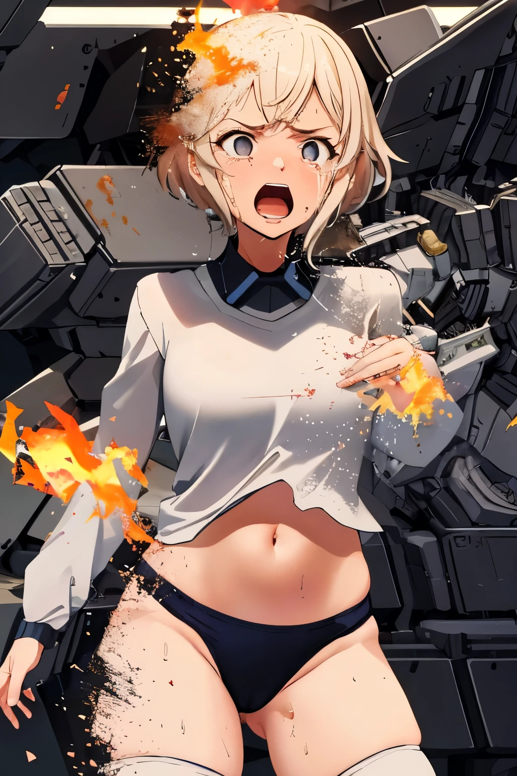 cockpit_explosion, fire, electricity, screaming, explosion, science fiction, wide-eyed, tearing clothes, standing, blood, scared, sweat, crying, mecha, torn clothes, tears, cockpit,1girl、wearing black gymnastics bloomers,high leg,white blouse,cowboy shot,self wedgie,bloomers pull myself,後ろに寄りかかる、体を反らせる、後ろに反らせる、串刺し、体を後ろに反らせる、エビ反り,爆風、衝撃、破壊、吹き飛ぶ、消滅、焼き尽くされる