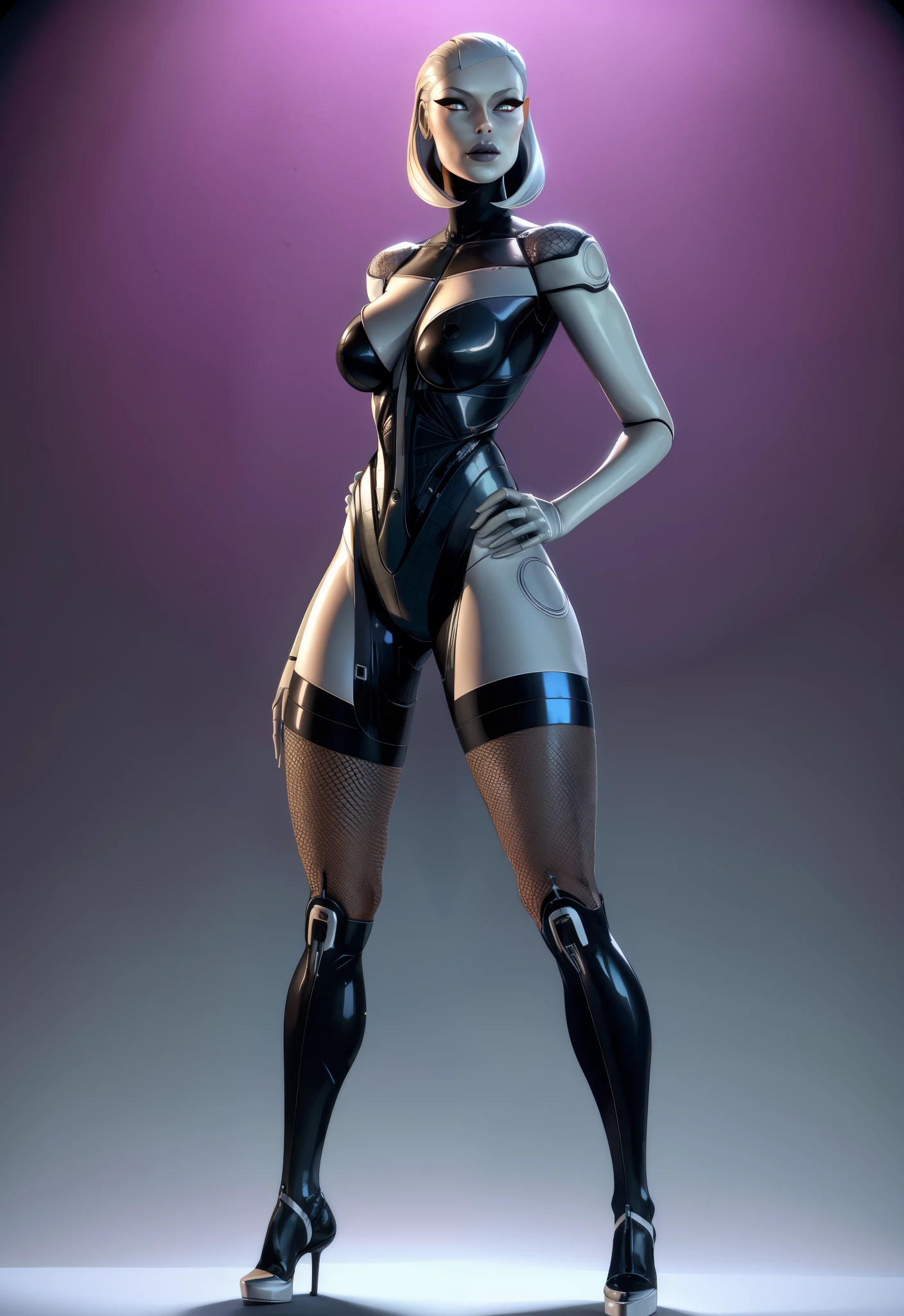 Android, weiblich , sehr sexy, silbergraue Haut.perfekte Figur. Edi. Straight tight standing ,frontal . Fishnet stockings. High Heels. whole body pictured