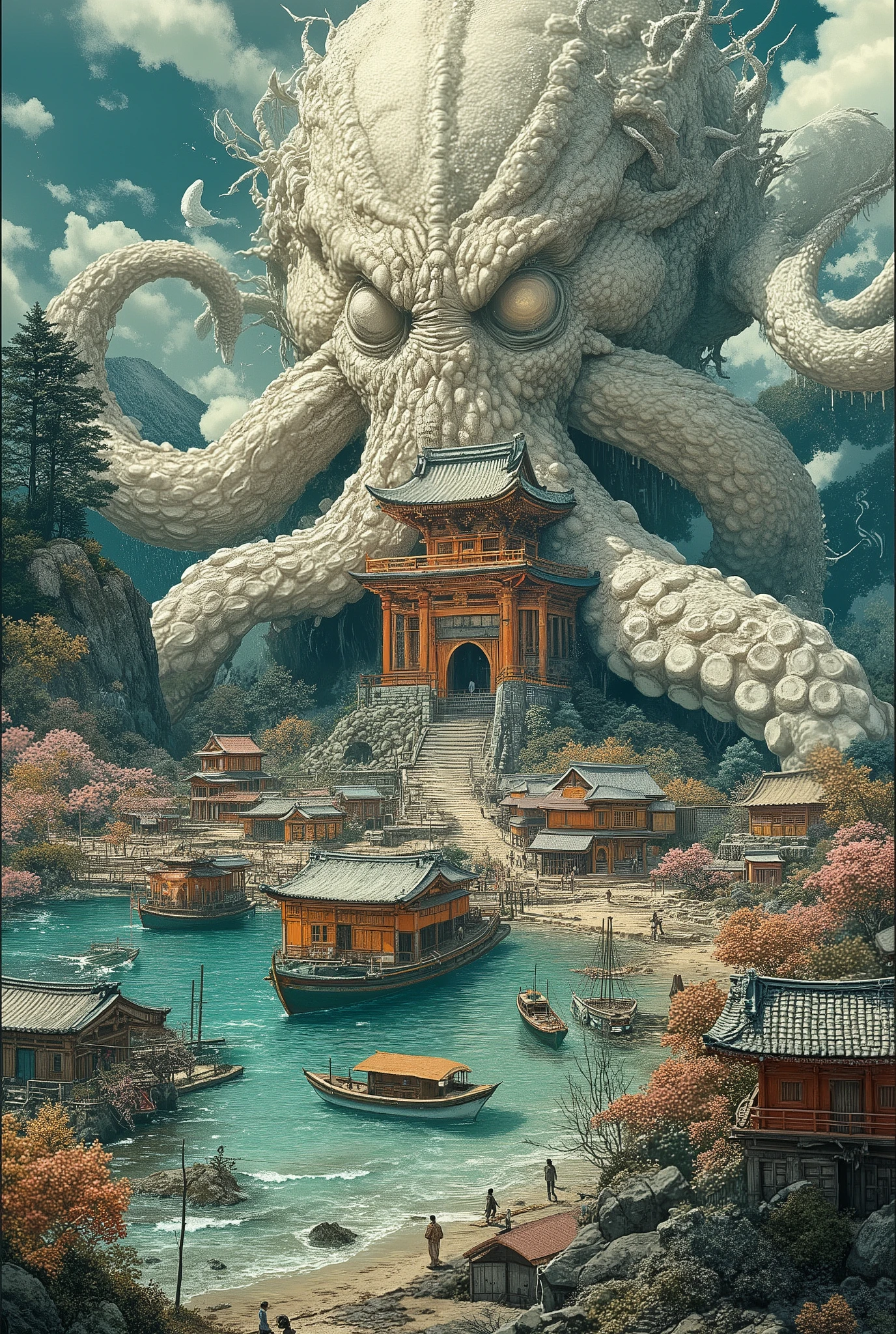 Create a beautiful picture with an amazing view of the picturesque Japanese fishing village; Orange and red Japanese temple; Pagodas; some pink cherry trees, view from above, surrounded by turquoise clear water, Asian Ships in front of the coast, The art style is highly detailed and painterly, emphasizing the interplay of light, water, and texture to evoke a sense of serenity and timeless beauty, DB4RZ, DB4RZ style painting, NeoPigma, in the style of cksc,, anime, cyberpunk, a masterpiece, award winning, Rising out of the sea is a massive tentacled monster. The monster's shadow falls across the village; The enormous monster is bigger than the village; Wet dripping skin; Hyper-realistic; The creature is rising out of the ocean and stalking toward the village from the sea.
