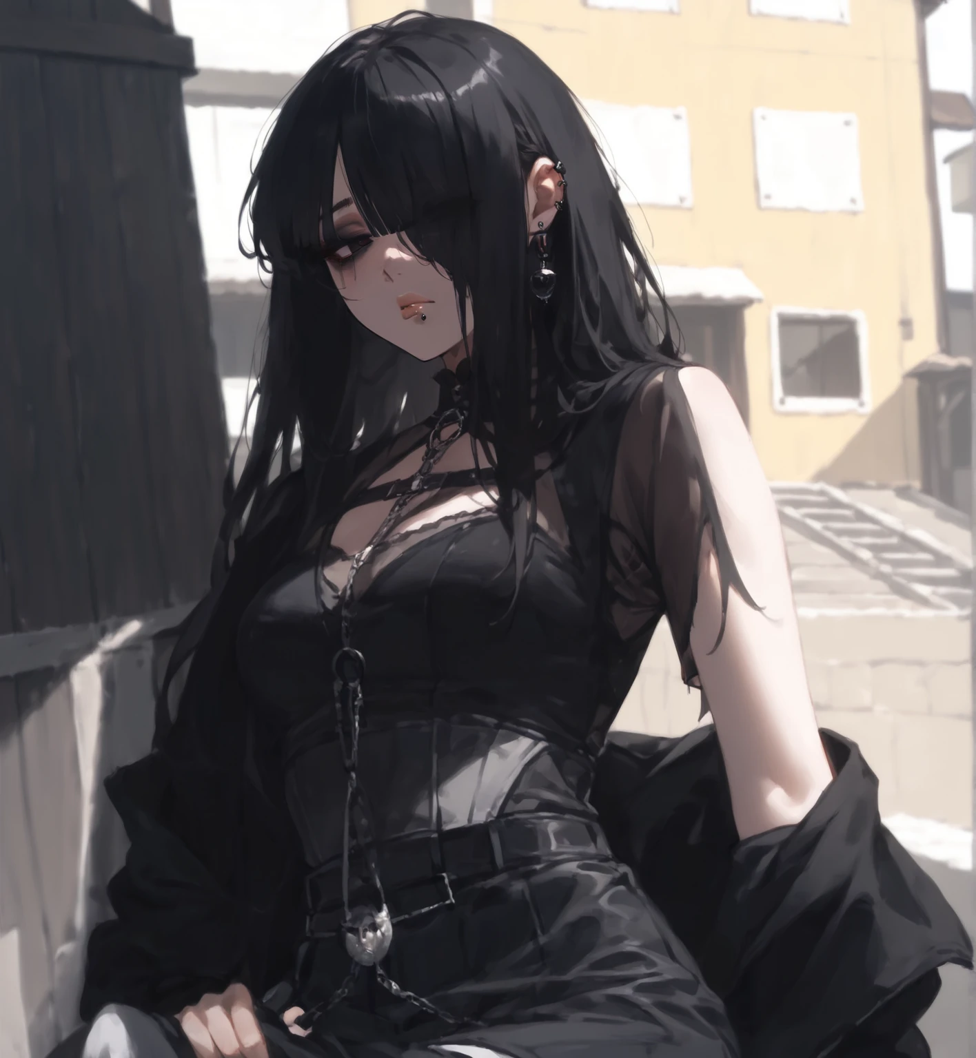 Highest quality、8K、masterpiece:1.3、Gothic Punk、The inside color is red、Black-haired、hair ornaments、Beautiful girl、creative、Dark Fantasy Style、Neogoth、Goth Fashion:1.2、High resolution、masterpiece、Highest quality、頭w:1.3、((Hasselblad Photos))、Fine skin、Sharp focus、(Cinematic lighting)、Realistic textured hair、((Black Mask)),Esbian all over、((View from below))