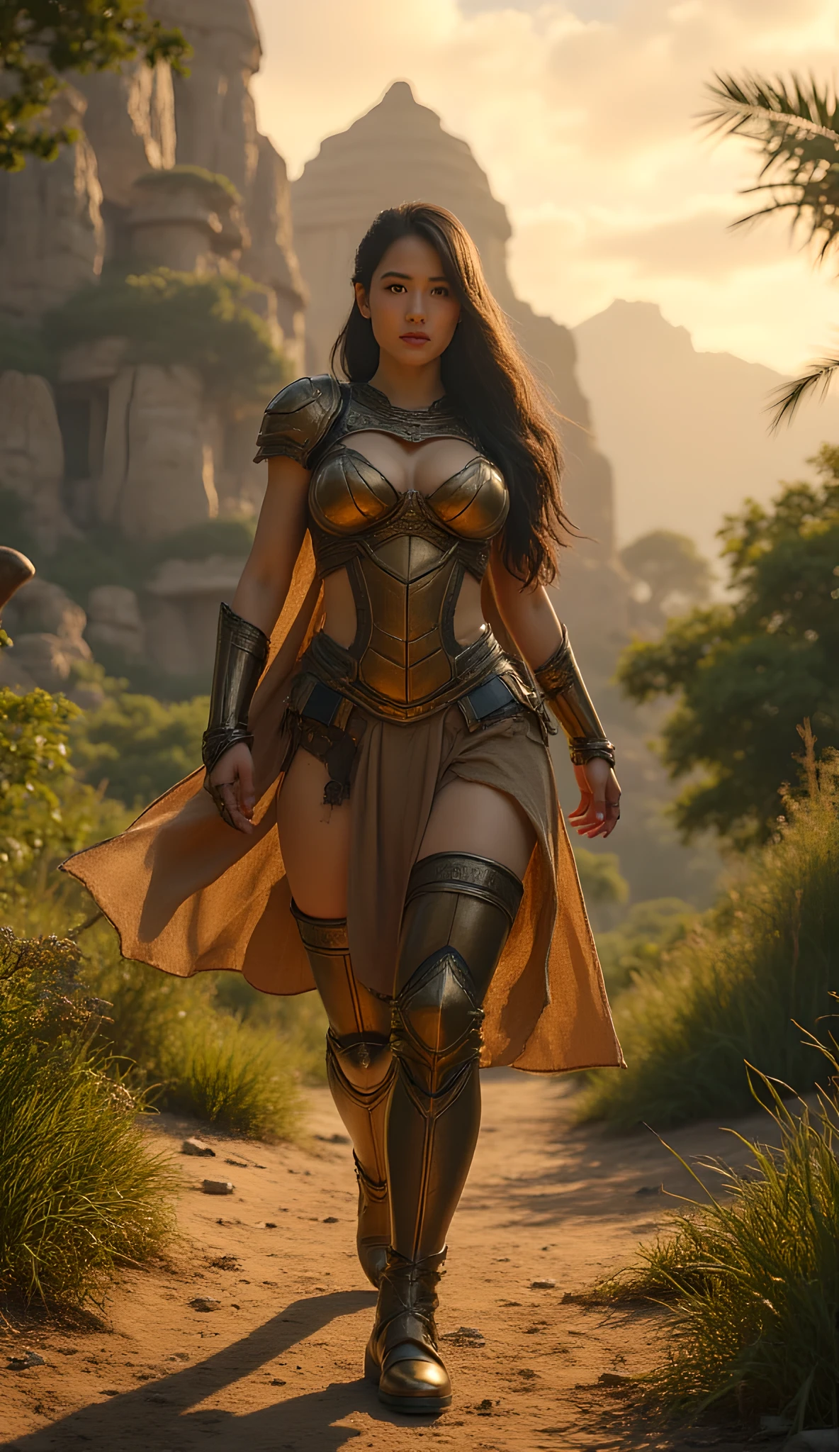 Ancient prehistoric age era,
Bronze civilization age era,
((Realistic cinematography ultra wide depth intense realistically ultra-detailed ancient temple angle of scenery)),,the detailed of a paladin female walking body pose,eagerness,vivacity, (the cradle of Civilization),(bronze age),((suiting full body bronze armor)),wearing fully coverage full body bronze armor,,,(perfectly depth symmetrically curvy body shapely),(cinematic dynamically camera ultra widely angle scenery:accurately depicted:1.3),the lively prehistoric primordial naturally depicting scenery,night,realistically full depth,(cinematography dynamic angle|hyperrealistic:realistic scenery:3d texture over the scenery),summer season,best videography angle,hdr,golden hour, (cinematography vibe),primitive wardrobe,(dynamic image composition),(octane 3d rendering|50mm lens shot:1.3),(lifelike skin texture:lifelike hairs:realism),(best rule of third photography composition),(best image aperture),(full details depth of field),(best shutter speed),(RAW photo image),(photorealistic|photorealism:hyperrealism style),(realistic depth 3d:cgi:1.3),(trending on cgsociety:devianart:unreal engine 5),,(best photography:national Geographic style), solarPunkAi and greenPunkAi artwork, digital art,best lighting concept,(realistic intricately fixed truly fully human's body+hands+and+fingers anatomical),natural motion,inspired by farcry5 game artwork.