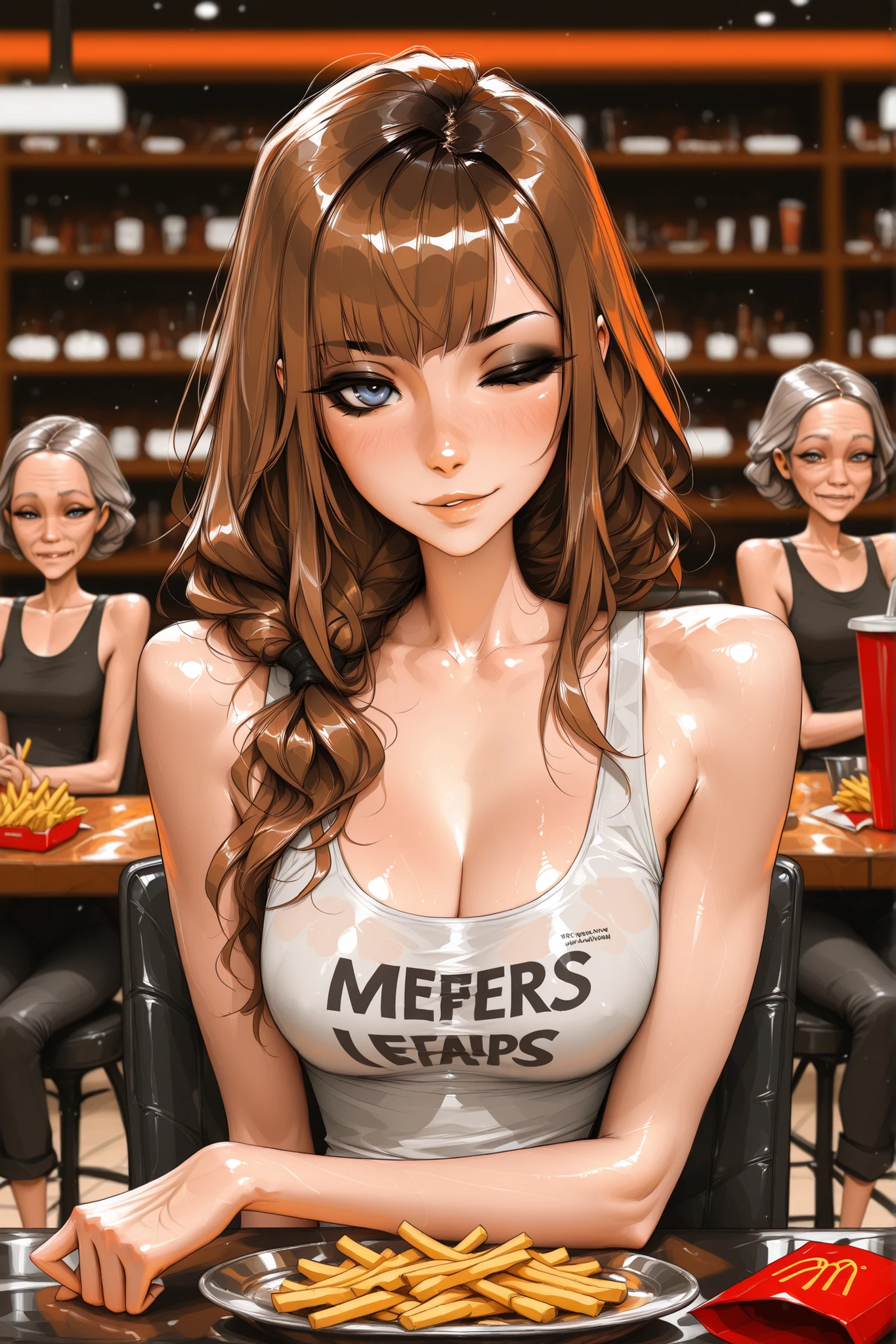 Michelle Trachtenberg, 20 year old woman, 1girl, skinny, long brown hair, gray blue eyes, black eyeliner, , , sam yang, shirow masamune art style, masterpiece, best quality, very aesthetic, movie quality, depth of field, soft saturation, focused subject, ,official style, shiny skin, , bar, frenchfries, wink, tank top