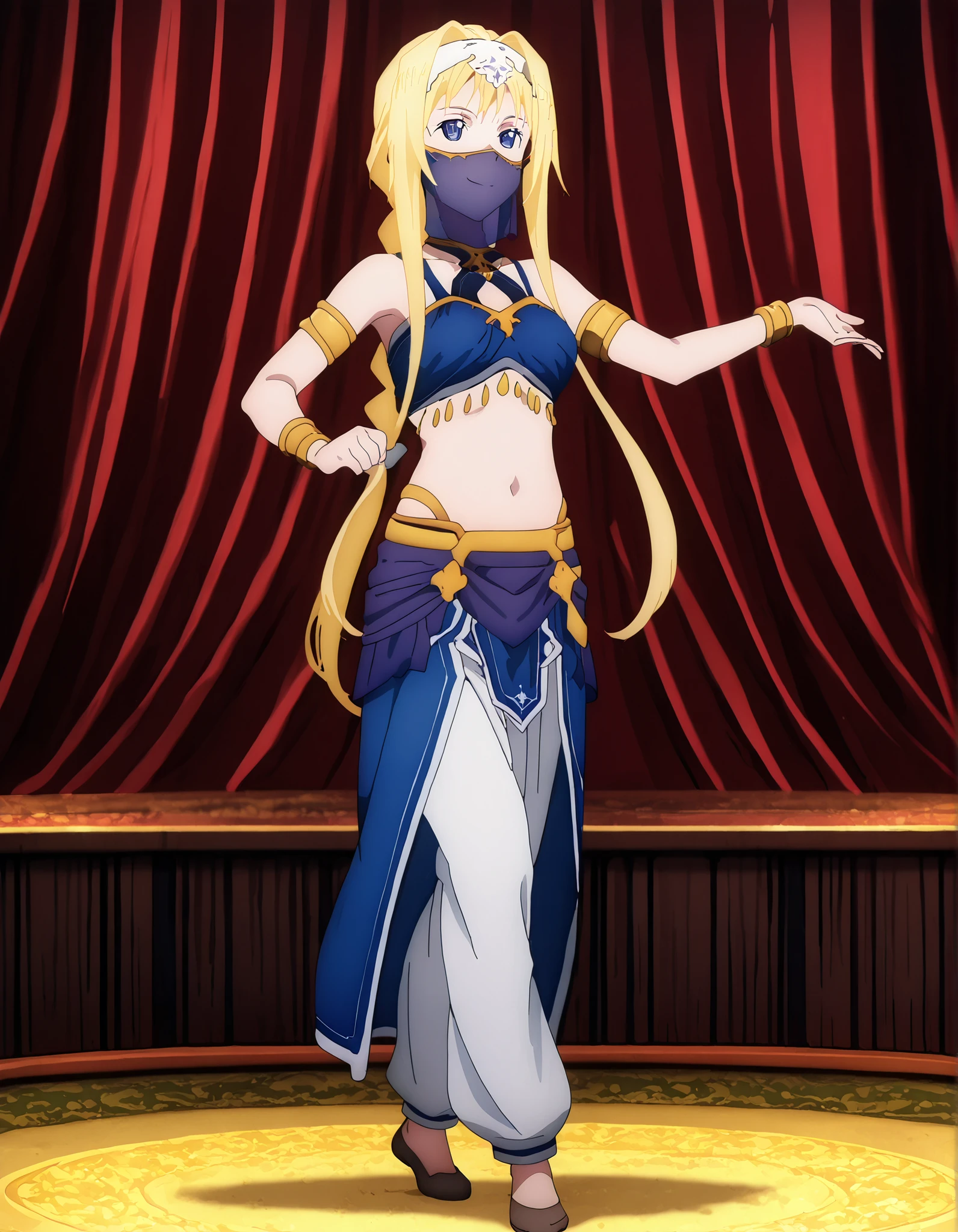 (1girl:1 . 5) , (Seul:1 . 5) , score_9 , score_8_haut , score_7_haut , source_anime , Official work  , ultra-detailed , masterpiece , better quality , high resolution , beaux yeux , detailed eyes , Detailed face , beautiful detailed eyes ,Sword Art Online,Alice Zuberg,Arabian Clothes , Arabian Dancer ,belly dancer costume,belly dancer outfit ,full body,golden jewelery,mouth veil,armlet, belly dancing,arabian theater,seductive smile, dancing with veil, dynamic movement,dance posture, seductive pose