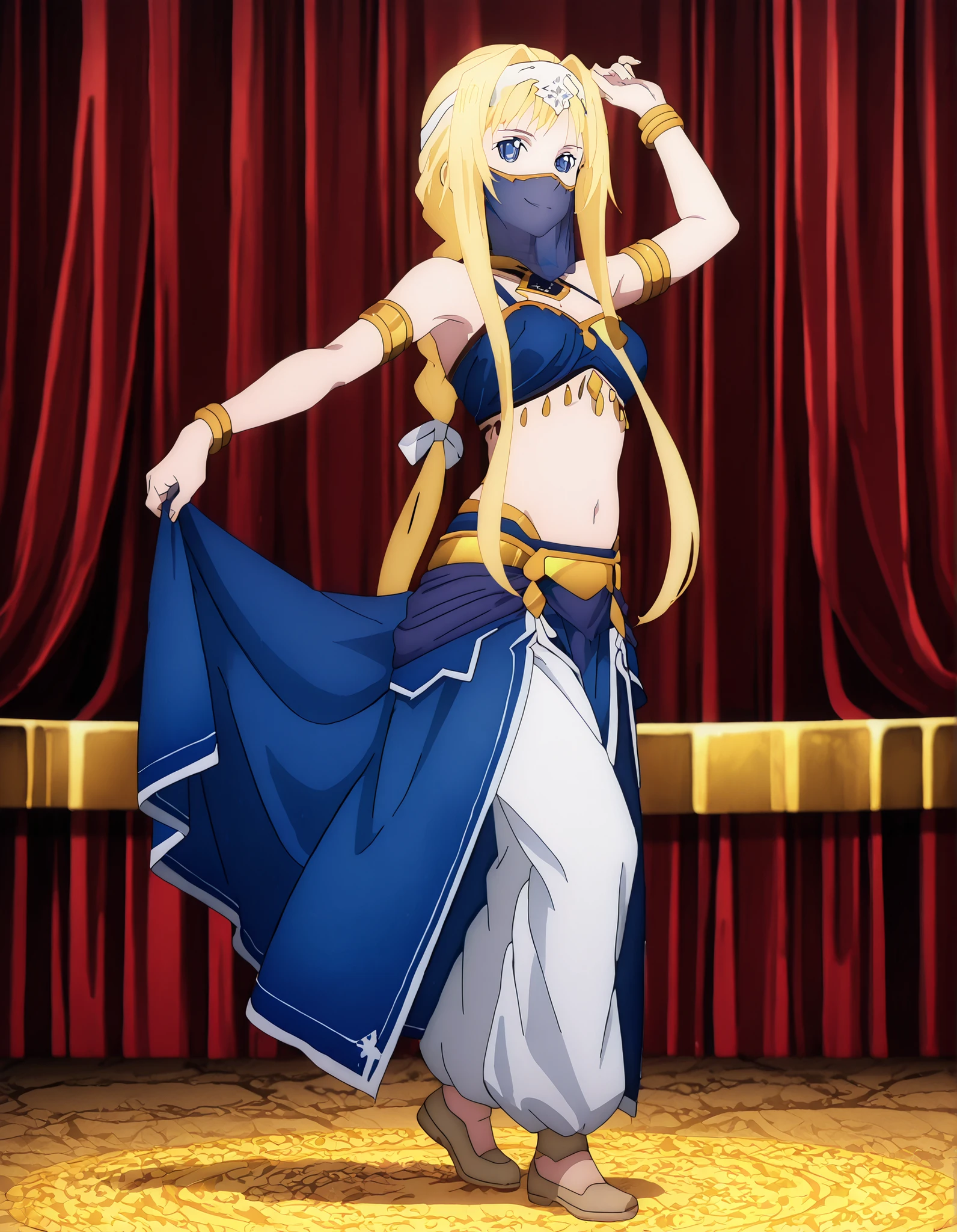 (1girl:1 . 5) , (Seul:1 . 5) , score_9 , score_8_haut , score_7_haut , source_anime , Official work  , ultra-detailed , masterpiece , better quality , high resolution , beaux yeux , detailed eyes , Detailed face , beautiful detailed eyes ,Sword Art Online,Alice Zuberg,Arabian Clothes , Arabian Dancer ,belly dancer costume,belly dancer outfit ,full body,golden jewelery,mouth veil,armlet, belly dancing,arabian theater,seductive smile, dancing with veil, dynamic movement,dance posture, seductive pose