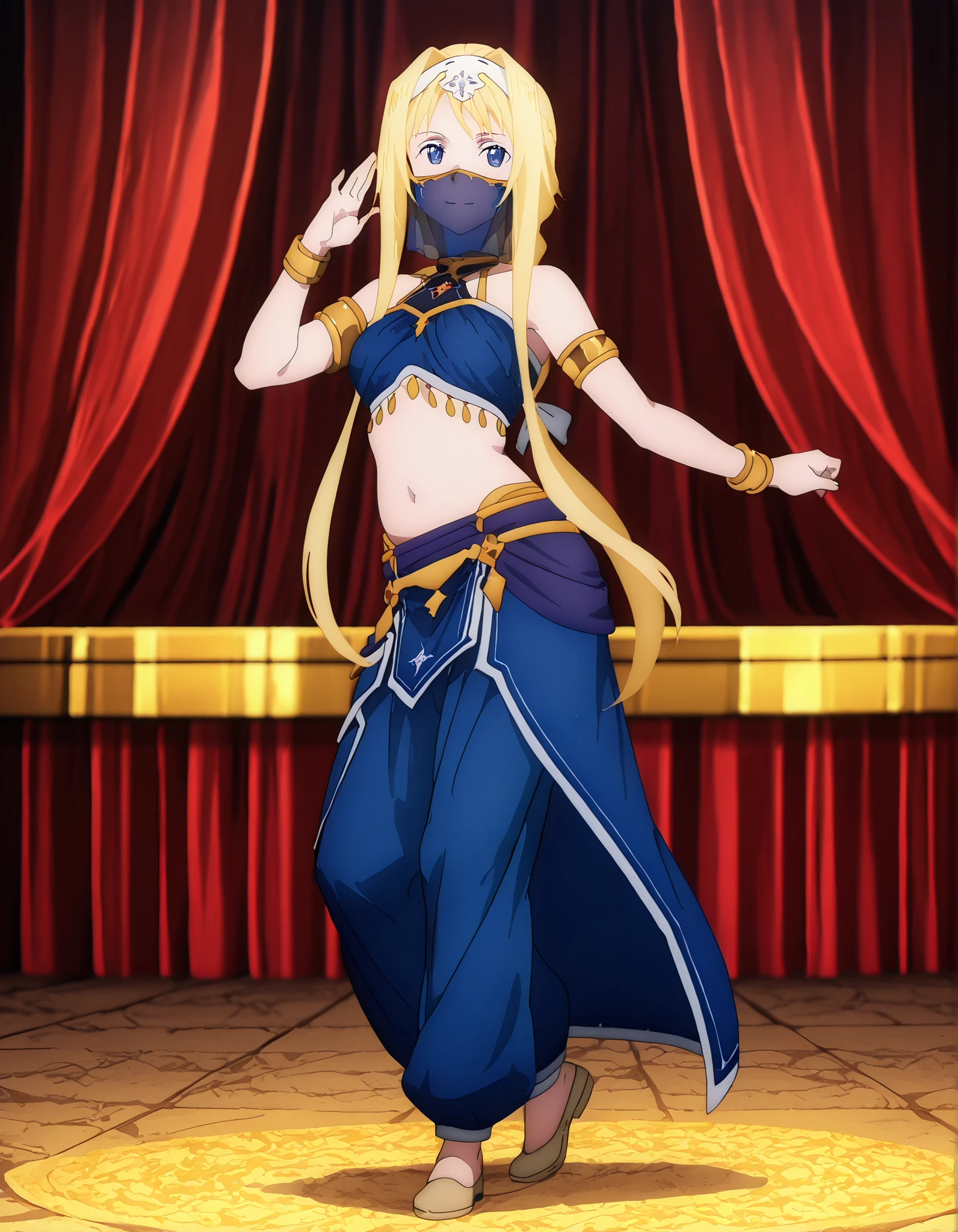 (1girl:1 . 5) , (Seul:1 . 5) , score_9 , score_8_haut , score_7_haut , source_anime , Official work  , ultra-detailed , masterpiece , better quality , high resolution , beaux yeux , detailed eyes , Detailed face , beautiful detailed eyes ,Sword Art Online,Alice Zuberg,Arabian Clothes , Arabian Dancer ,belly dancer costume,belly dancer outfit ,full body,golden jewelery,mouth veil,armlet, belly dancing,arabian theater,seductive smile, dancing with veil, dynamic movement,dance posture, seductive pose