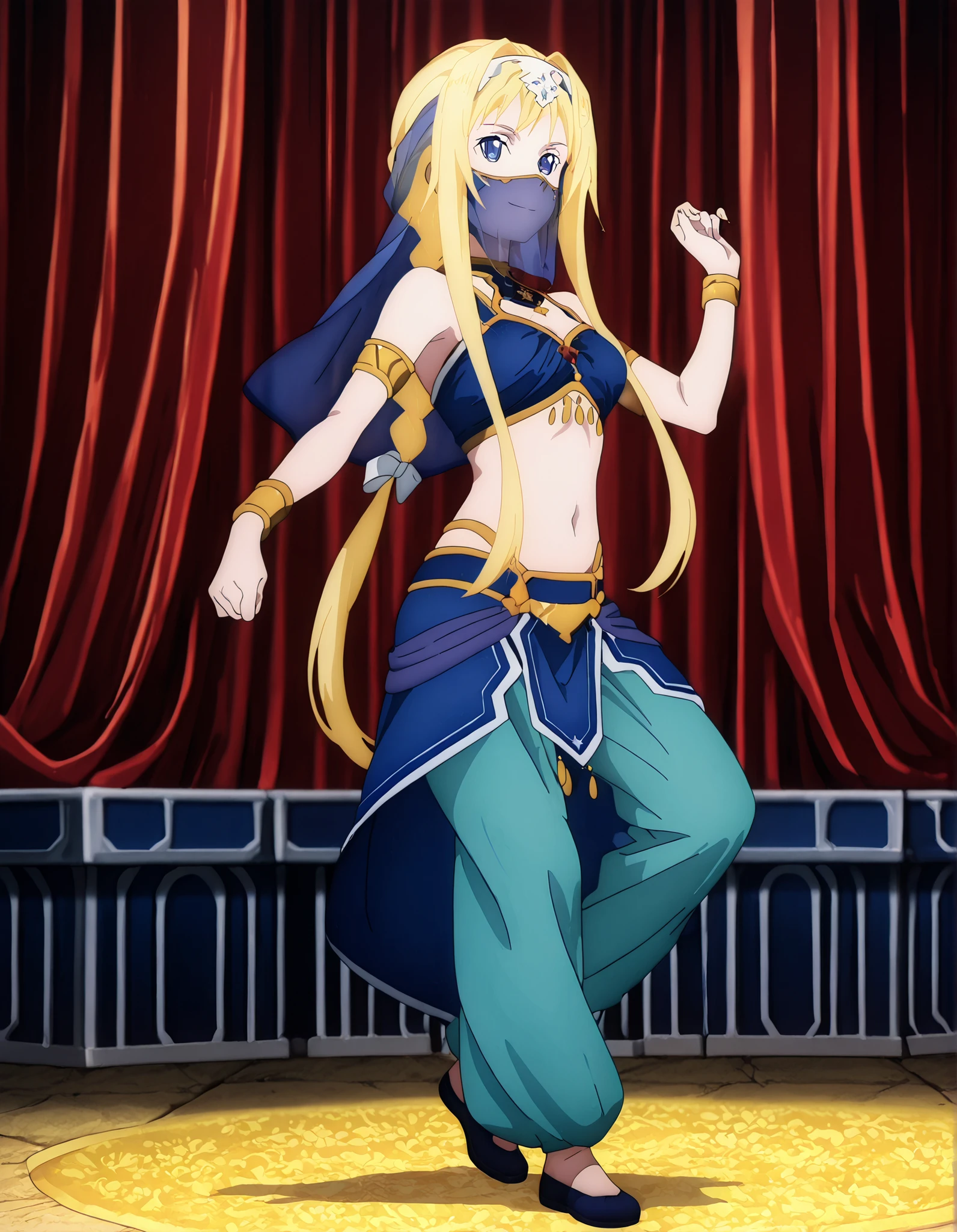 (1girl:1 . 5) , (Seul:1 . 5) , score_9 , score_8_haut , score_7_haut , source_anime , Official work  , ultra-detailed , masterpiece , better quality , high resolution , beaux yeux , detailed eyes , Detailed face , beautiful detailed eyes ,Sword Art Online,Alice Zuberg,Arabian Clothes , Arabian Dancer ,belly dancer costume,belly dancer outfit ,full body,golden jewelery,mouth veil,armlet, belly dancing,arabian theater,seductive smile, dancing with veil, dynamic movement,dance posture, seductive pose