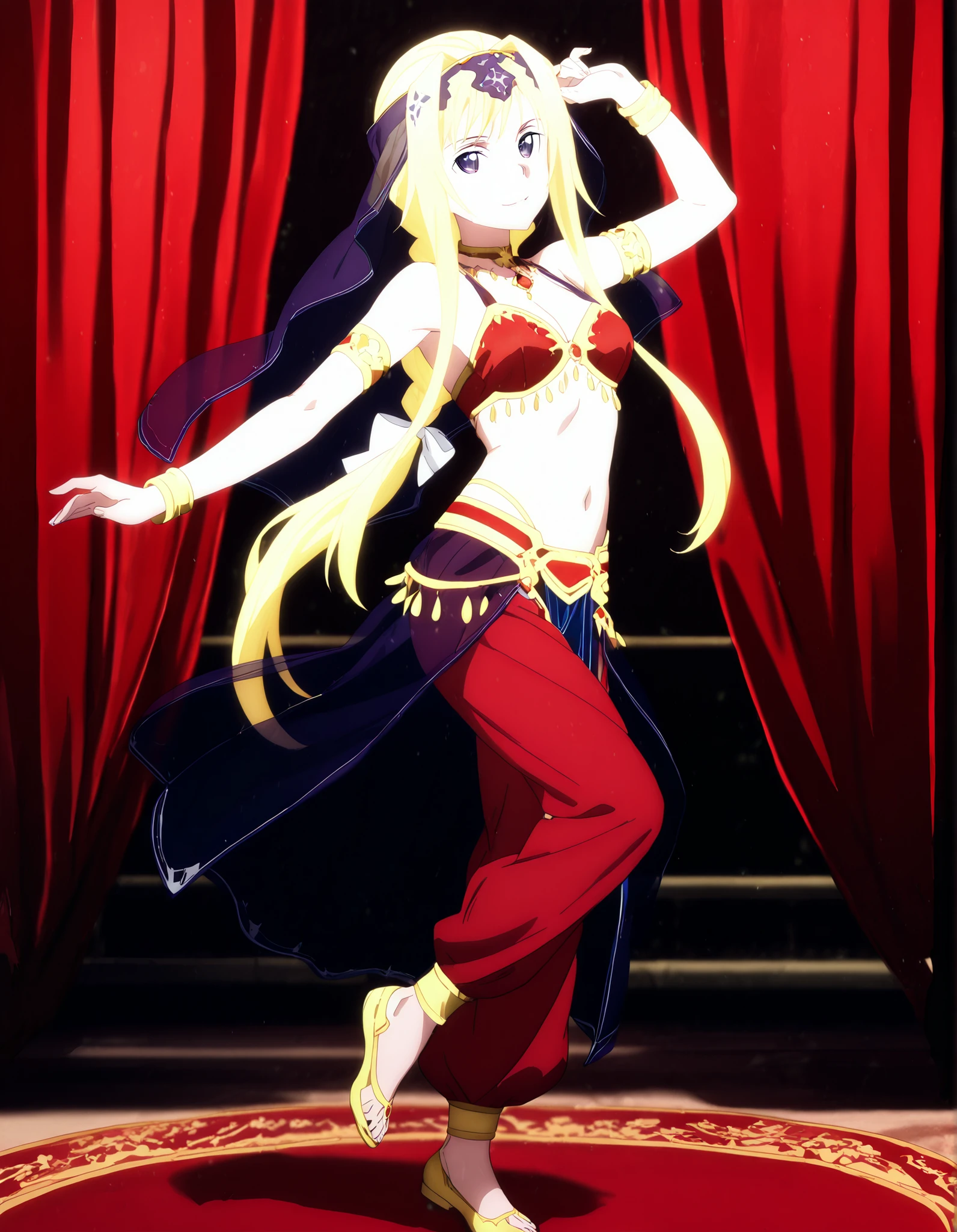 (1girl:1 . 5) , (Seul:1 . 5) , score_9 , score_8_haut , score_7_haut , source_anime , Official work  , ultra-detailed , masterpiece , better quality , high resolution , beaux yeux , detailed eyes , Detailed face , beautiful detailed eyes ,Sword Art Online,Alice Zuberg,Arabian Clothes , Arabian Dancer ,belly dancer costume,belly dancer outfit ,full body,golden jewelery,armlet, belly dancing,arabian theater,seductive smile, dancing with veil, dynamic movement,dance posture, seductive pose