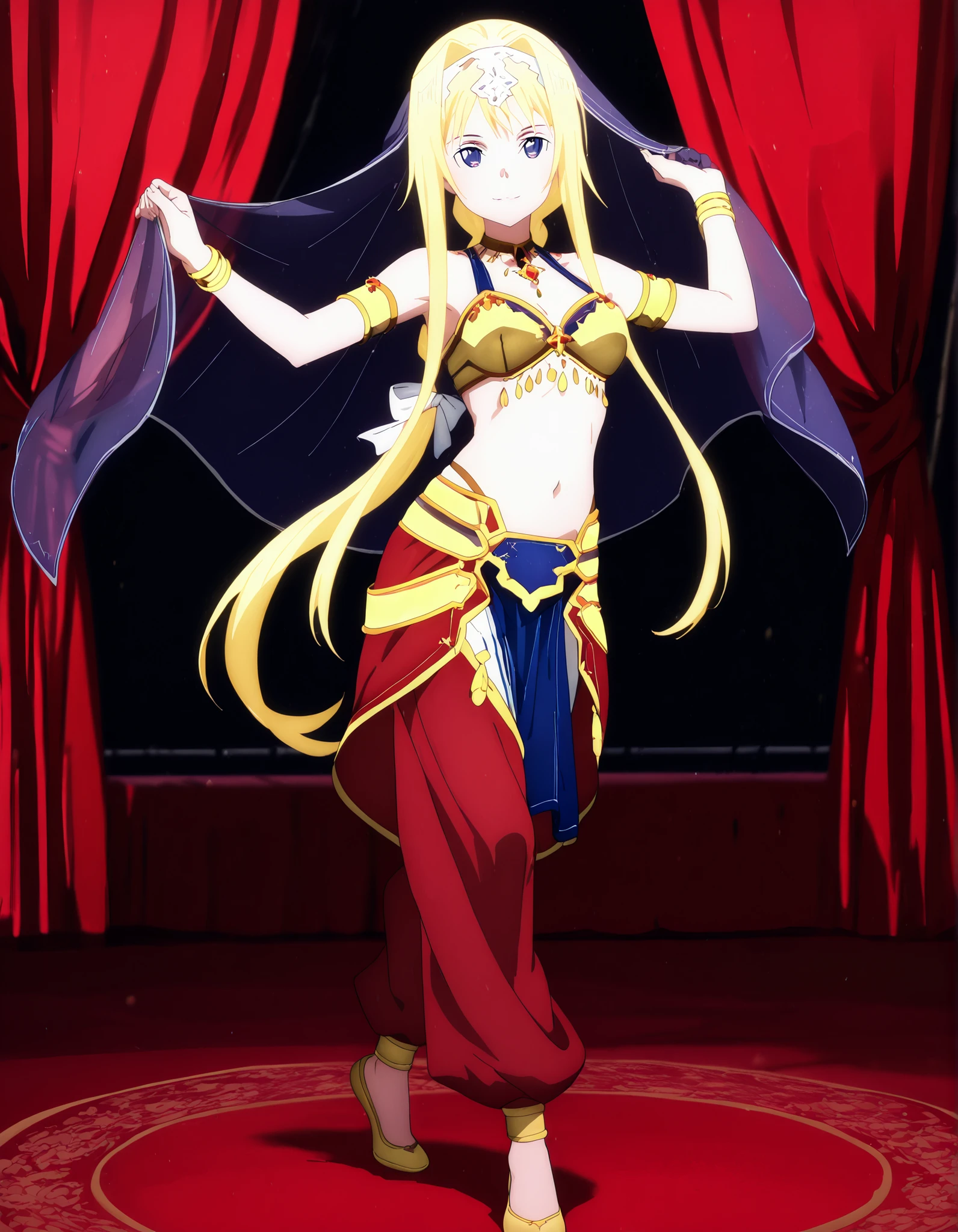 (1girl:1 . 5) , (Seul:1 . 5) , score_9 , score_8_haut , score_7_haut , source_anime , Official work , ultra-detailed , masterpiece , better quality , high resolution , beaux yeux , detailed eyes , Detailed face , beautiful detailed eyes ,Sword Art Online,Alice Zuberg,Arabian Clothes , Arabian Dancer ,belly dancer costume,belly dancer outfit ,full body,golden jewelery,armlet, belly dancing,arabian theater,seductive smile, dancing with veil, dynamic movement,dance posture, seductive pose
