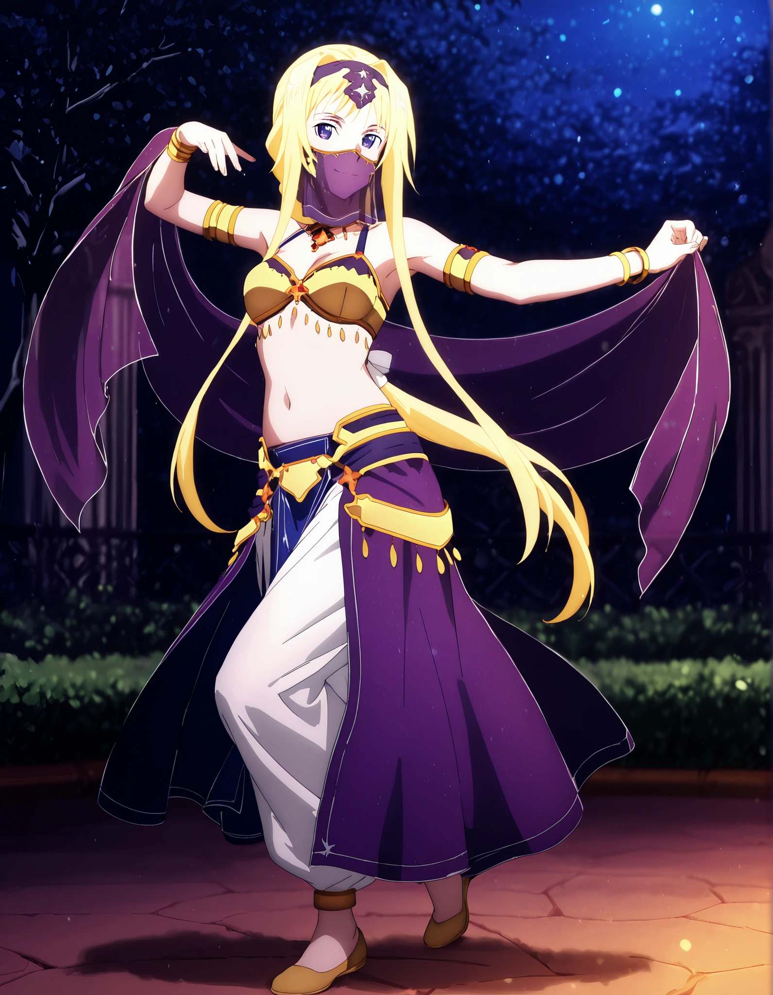 (1girl:1 . 5) , (Seul:1 . 5) , score_9 , score_8_haut , score_7_haut , source_anime , Official work , ultra-detailed , masterpiece , better quality , high resolution , beaux yeux , detailed eyes , Detailed face , beautiful detailed eyes ,Sword Art Online,Alice Zuberg,Arabian Clothes , Arabian Dancer ,belly dancer costume,belly dancer outfit ,full body,golden jewelery,mouth veil,armlet, belly dancing,night,arabian garden,seductive smile, dancing with veil, dynamic movement,dance posture, seductive pose