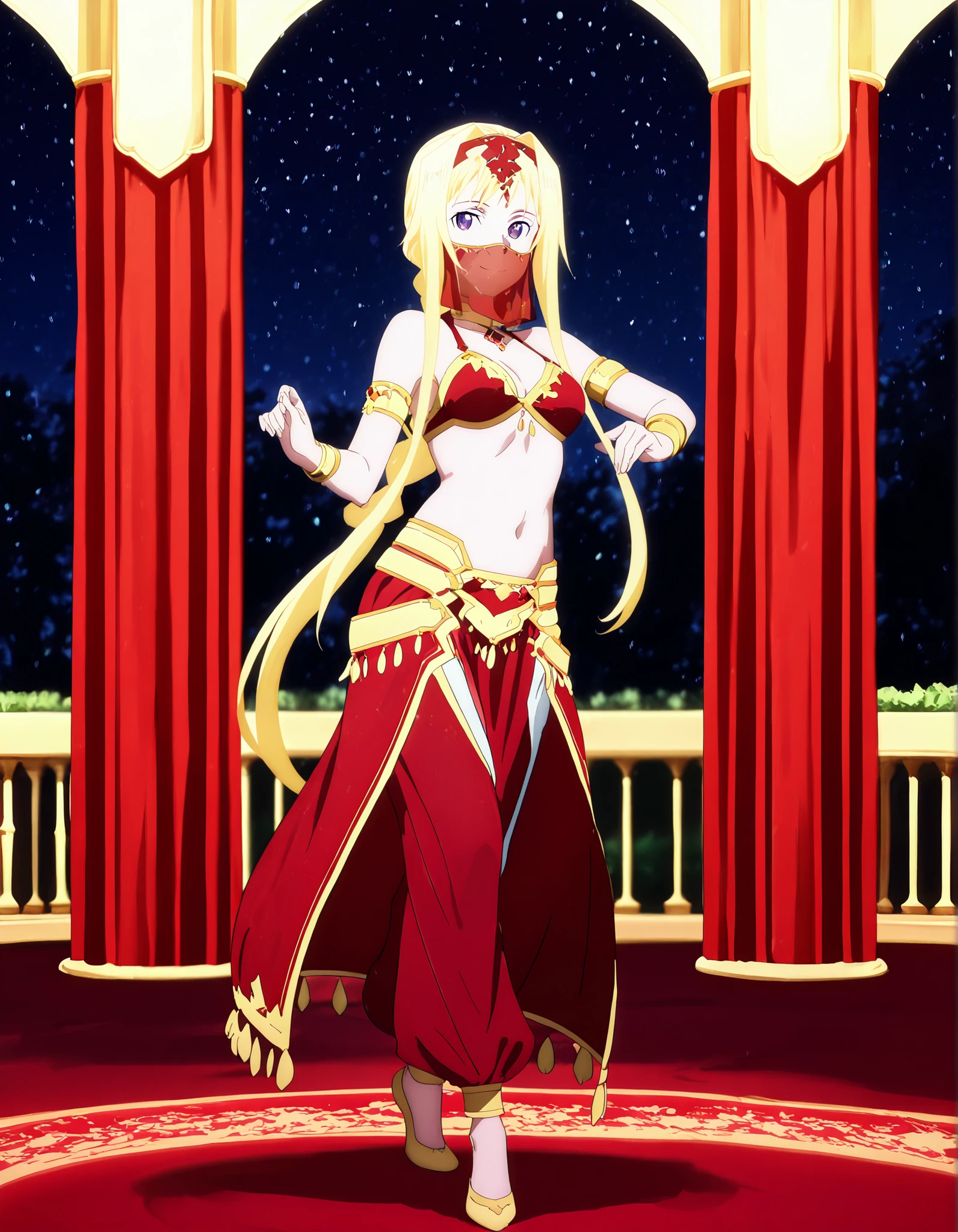 (1girl:1 . 5) , (Seul:1 . 5) , score_9 , score_8_haut , score_7_haut , source_anime , Official work  , ultra-detailed , masterpiece , better quality , high resolution , beaux yeux , detailed eyes , Detailed face , beautiful detailed eyes ,Sword Art Online,Alice Zuberg,Arabian Clothes , Arabian Dancer ,belly dancer costume,belly dancer outfit ,full body,golden jewelery,mouth veil,armlet, belly dancing,night,arabian garden,seductive smile, dancing with veil, dynamic movement,dance posture, seductive pose