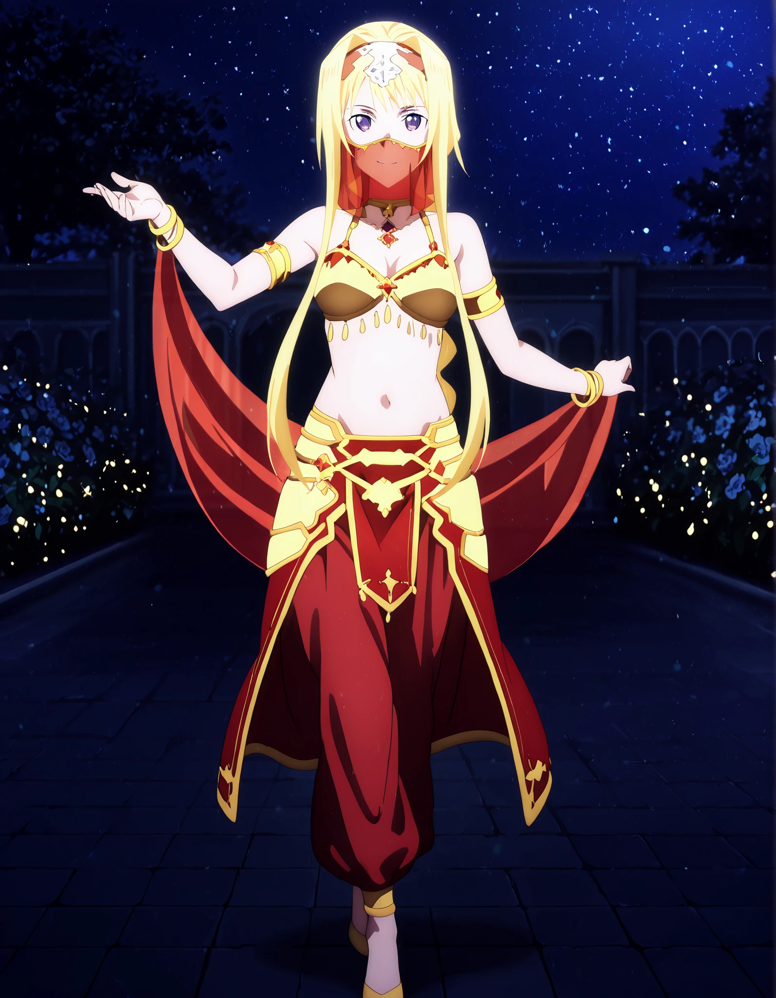 (1girl:1 . 5) , (Seul:1 . 5) , score_9 , score_8_haut , score_7_haut , source_anime , Official work  , ultra-detailed , masterpiece , better quality , high resolution , beaux yeux , detailed eyes , Detailed face , beautiful detailed eyes ,Sword Art Online,Alice Zuberg,Arabian Clothes , Arabian Dancer ,belly dancer costume,belly dancer outfit ,full body,golden jewelery,mouth veil,armlet, belly dancing,night,arabian garden,seductive smile, dancing with veil, dynamic movement,dance posture, seductive pose