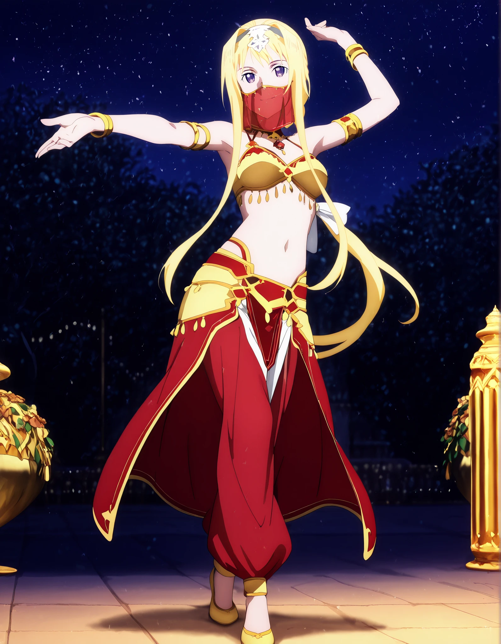 (1girl:1 . 5) , (Seul:1 . 5) , score_9 , score_8_haut , score_7_haut , source_anime , Official work  , ultra-detailed , masterpiece , better quality , high resolution , beaux yeux , detailed eyes , Detailed face , beautiful detailed eyes ,Sword Art Online,Alice Zuberg,Arabian Clothes , Arabian Dancer ,belly dancer costume,belly dancer outfit ,full body,golden jewelery,mouth veil,armlet, belly dancing,night,arabian garden,seductive smile, dancing with veil, dynamic movement,dance posture, seductive pose