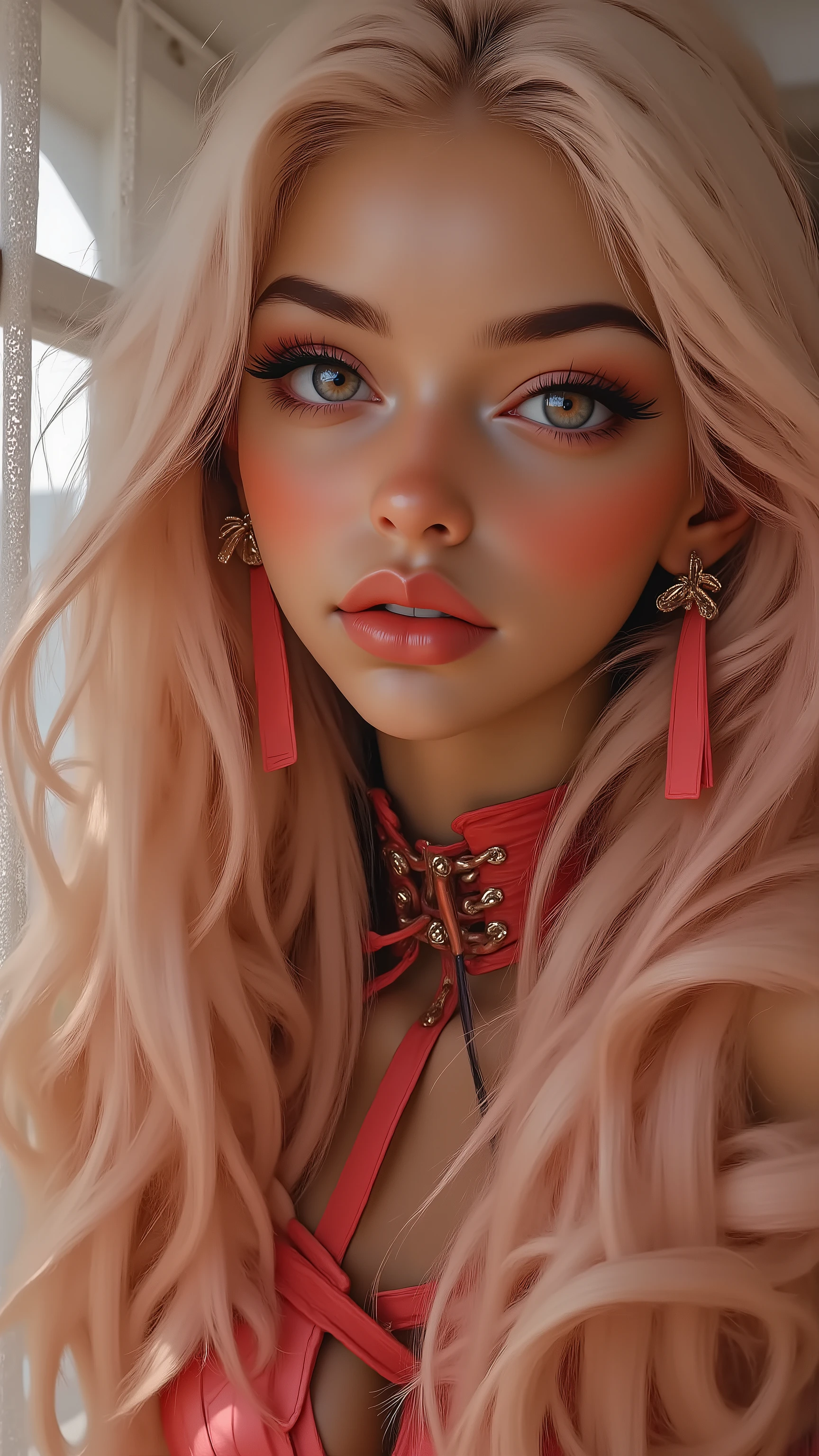  masterpiece,realistic,photorealistic realism,hyper-high resolution,hyper-quality,intricate,ultra-detailed digital art,(detailed skin,detailed face,detailed eyes,beautiful face,ideal ratio body proportions),("Priority is anatomical accuracy and material texture"), Super hot polish girl 25yo, blond long professional hairstyle with ribbons, (ultra realistic texture details: velvety skin, hair),((sharp focus, no blurry eyes, high resolution, absurd quality, Realistic eyes:1.3),intricately detail:1.3). (Sleeveless, beautiful, red ribbon PVC bikini: 1.22), (Micro Sling swimsuit:1.15), ((wear Micro Sling swimsuit made of PVC ribbon: 1.2))" Pose: she playfully smirks at the camera, Environment: bedroom (front view, cowboy shot, from above), 