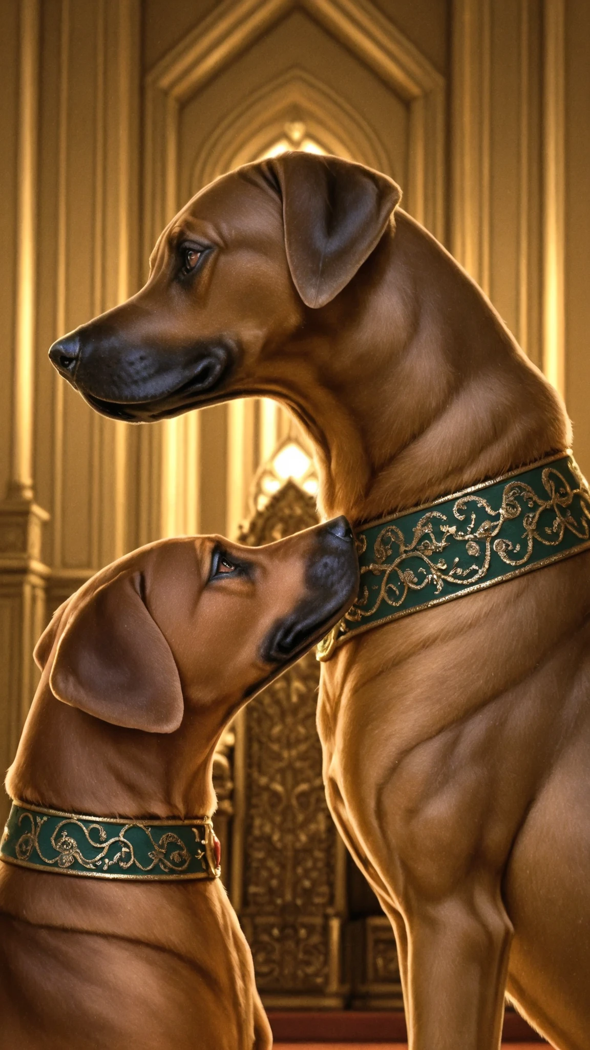 (rhodesian ridgeback sitting in a richly lavish room wearing a wide embroidered collar. Set in an Arabian throne room with bay windows creating a golden atmosphere.  rim light, (rhodesian_ridgeback), dog, red brown fur, side profile, portrait, beautiful eyes