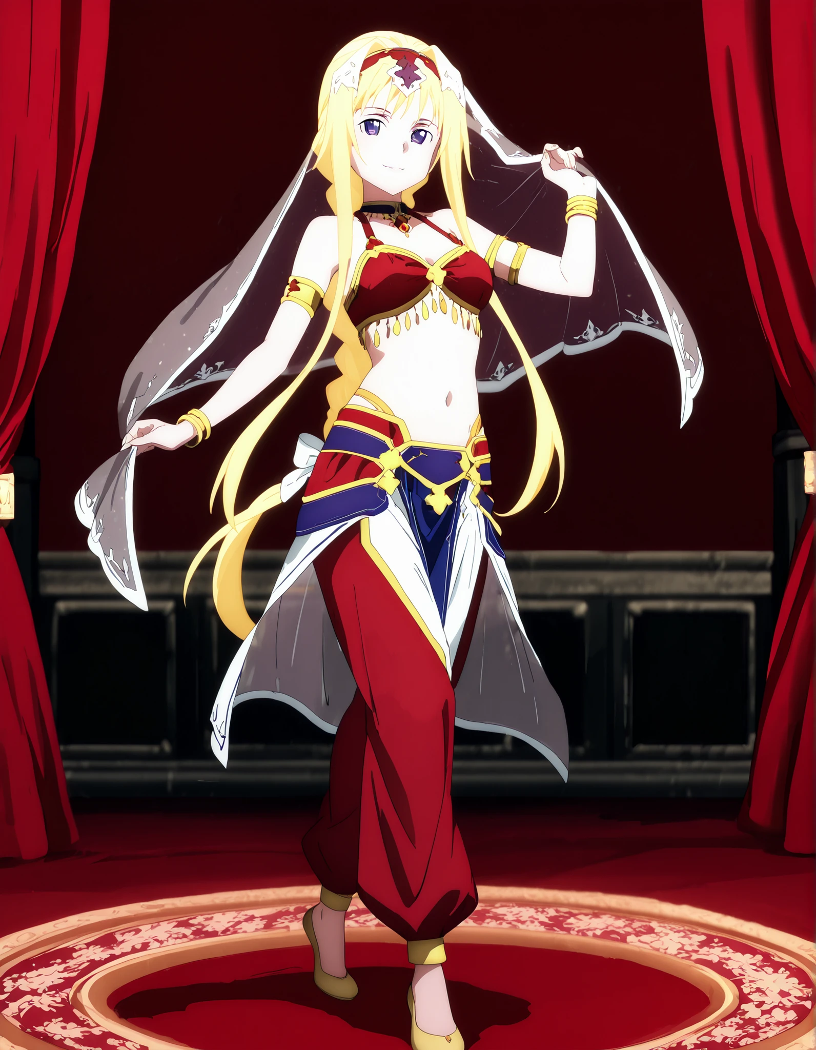 (1girl:1 . 5) , (Seul:1 . 5) , score_9 , score_8_haut , score_7_haut , source_anime , Official work  , ultra-detailed , masterpiece , better quality , high resolution , beaux yeux , detailed eyes , Detailed face , beautiful detailed eyes ,Sword Art Online,Alice Zuberg,Arabian Clothes , Arabian Dancer ,belly dancer costume,belly dancer outfit ,full body,golden jewelery,armlet, belly dancing,arabian garden,seductive smile, dancing with veil, dynamic movement,dance posture, seductive pose