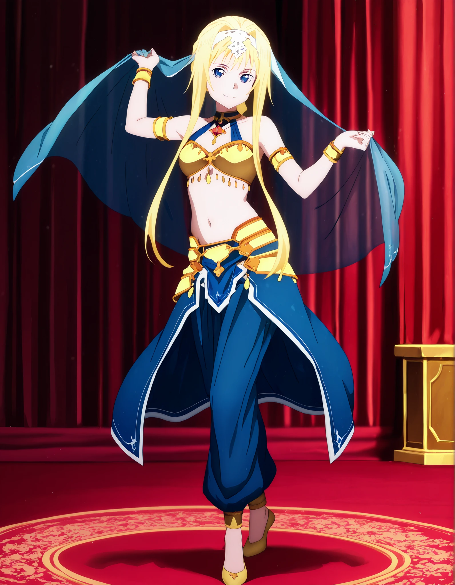 (1girl:1 . 5) , (Seul:1 . 5) , score_9 , score_8_haut , score_7_haut , source_anime , Official work  , ultra-detailed , masterpiece , better quality , high resolution , beaux yeux , detailed eyes , Detailed face , beautiful detailed eyes ,Sword Art Online,Alice Zuberg,Arabian Clothes , Arabian Dancer ,belly dancer costume,belly dancer outfit ,full body,golden jewelery,armlet, belly dancing,arabian garden,seductive smile, dancing with veil, dynamic movement,dance posture, seductive pose